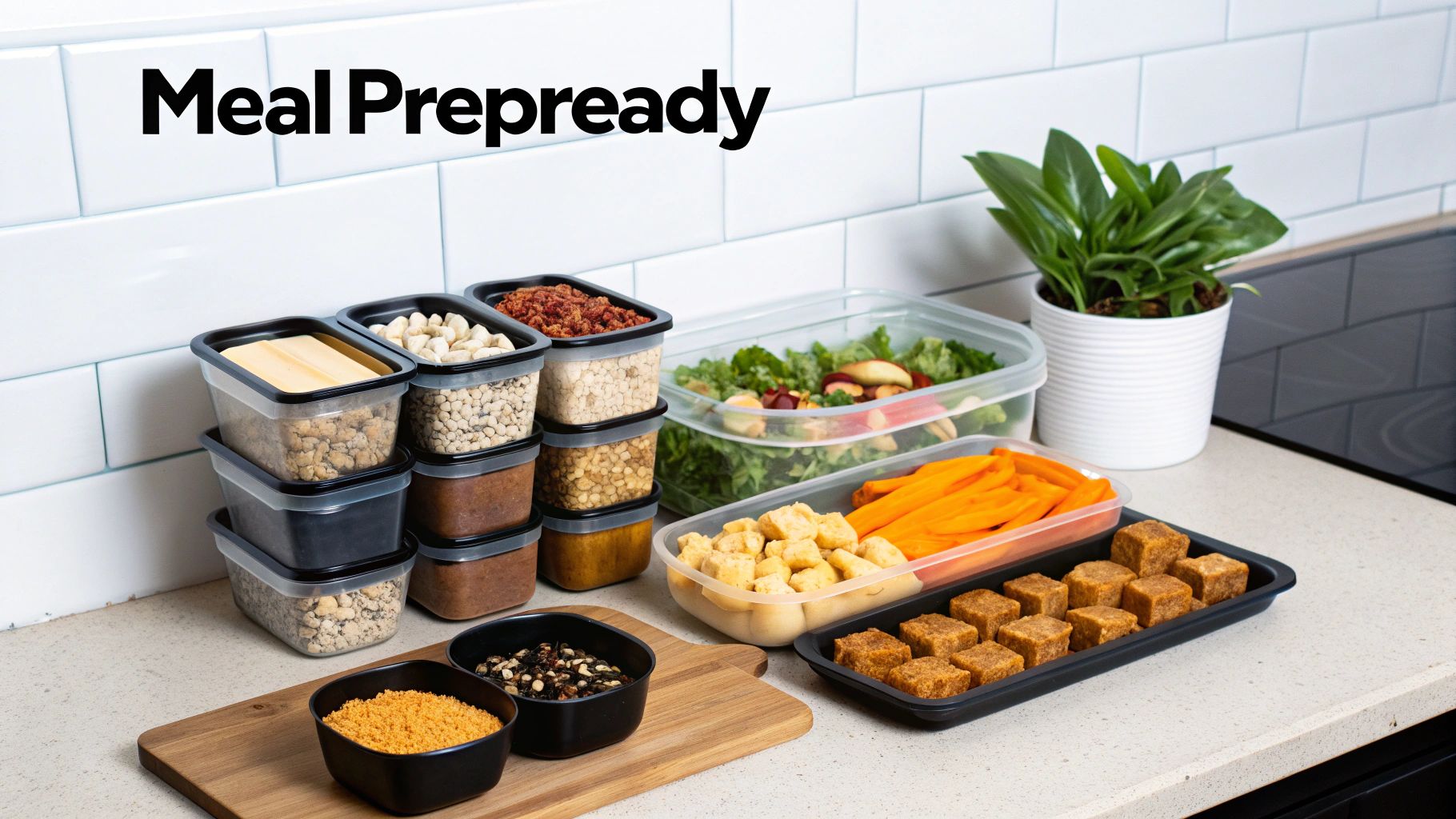 A kitchen counter full of prepped meals in containers, including salads, proteins, and healthy snacks.