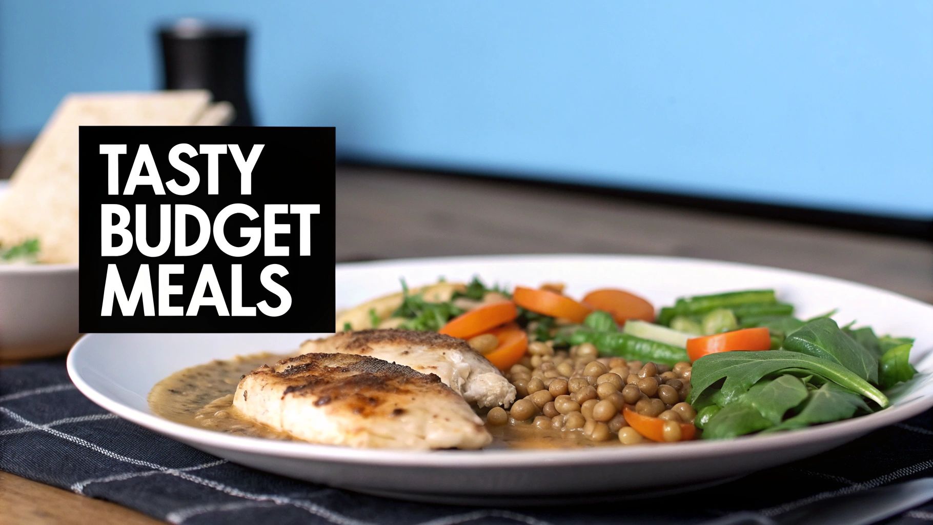 A plate of tasty budget meal with pan-fried fish, lentils, carrots, and fresh greens.