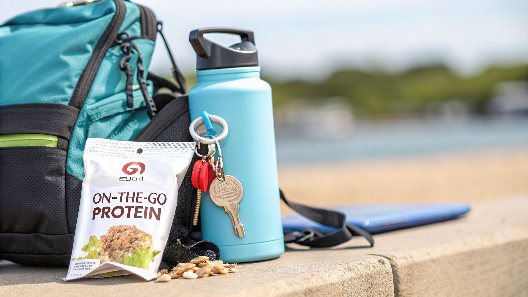 A person holding a pack of Louisville Vegan Jerky on a hiking trail.