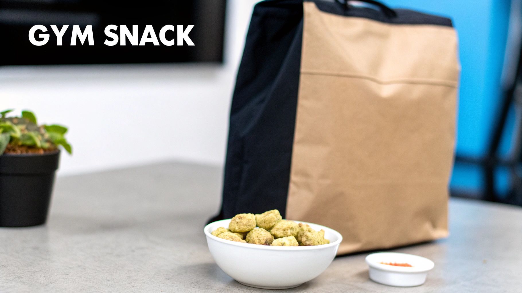 A white bowl filled with green gym snacks, a brown and black bag, and a plant on a table.