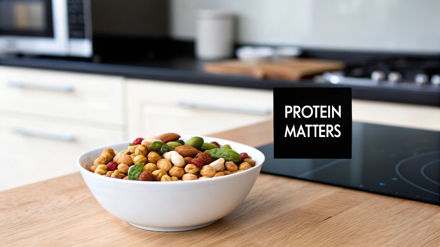A white bowl of mixed nuts and dried fruit on a wooden kitchen counter, with a 'PROTEIN MATTERS' message.
