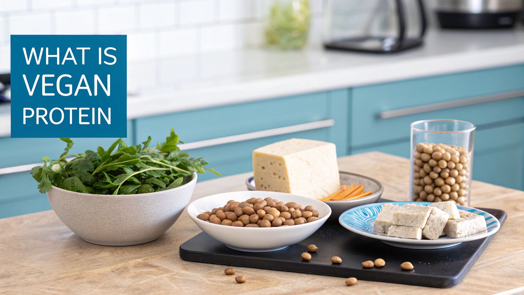 A vibrant bowl filled with various vegan protein sources like chickpeas, quinoa, and fresh vegetables.