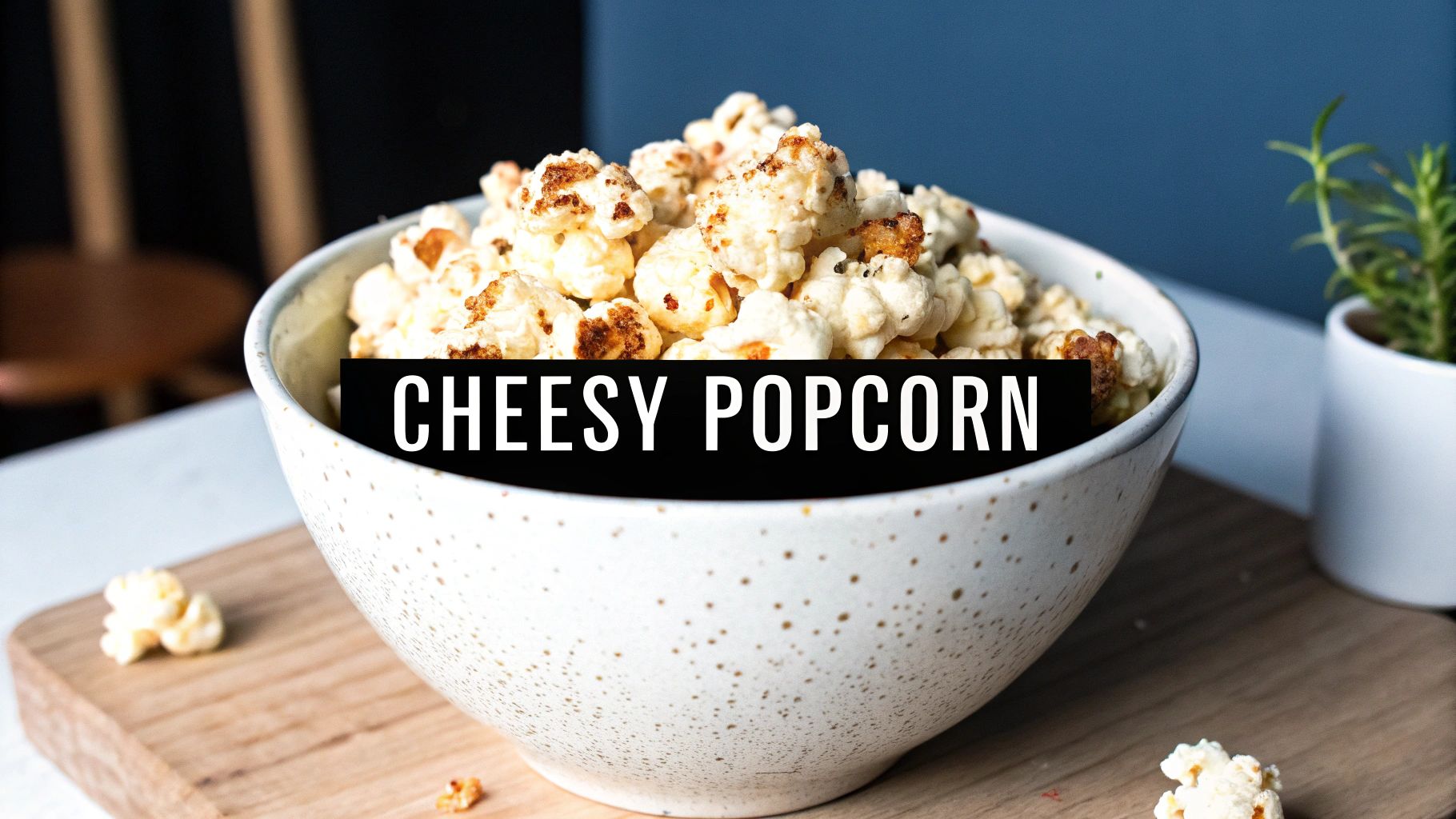 A large white speckled bowl filled with golden cheesy popcorn sits on a rustic wooden board.