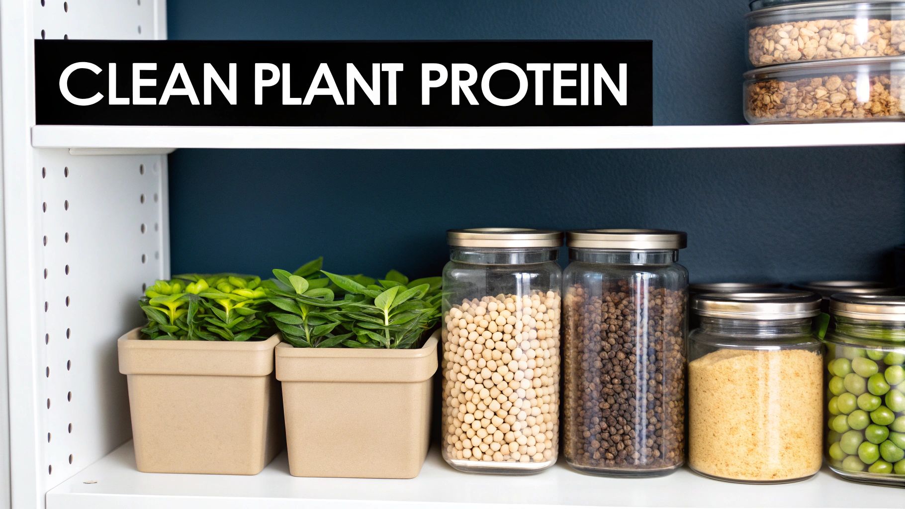 White shelf with a 'CLEAN PLANT PROTEIN' sign, jars of various plant-based foods, and green plants.