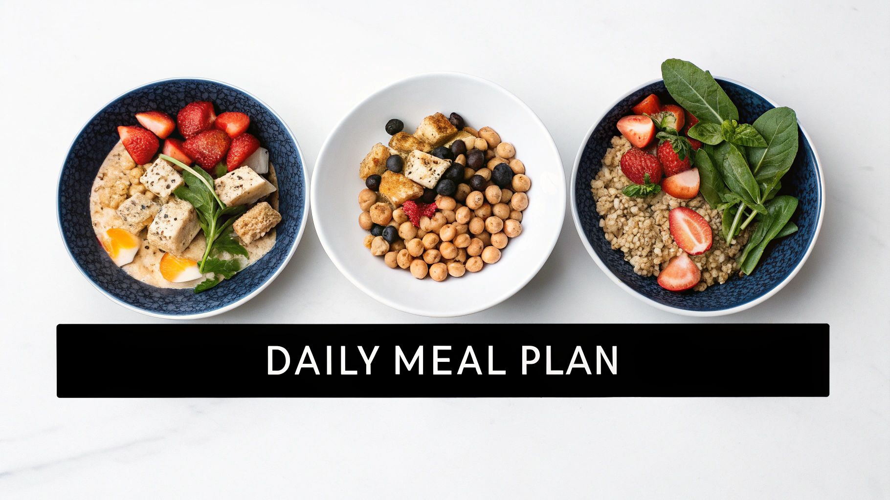 Three colorful bowls of healthy, plant-based meals featuring grains, fruits, and tofu.