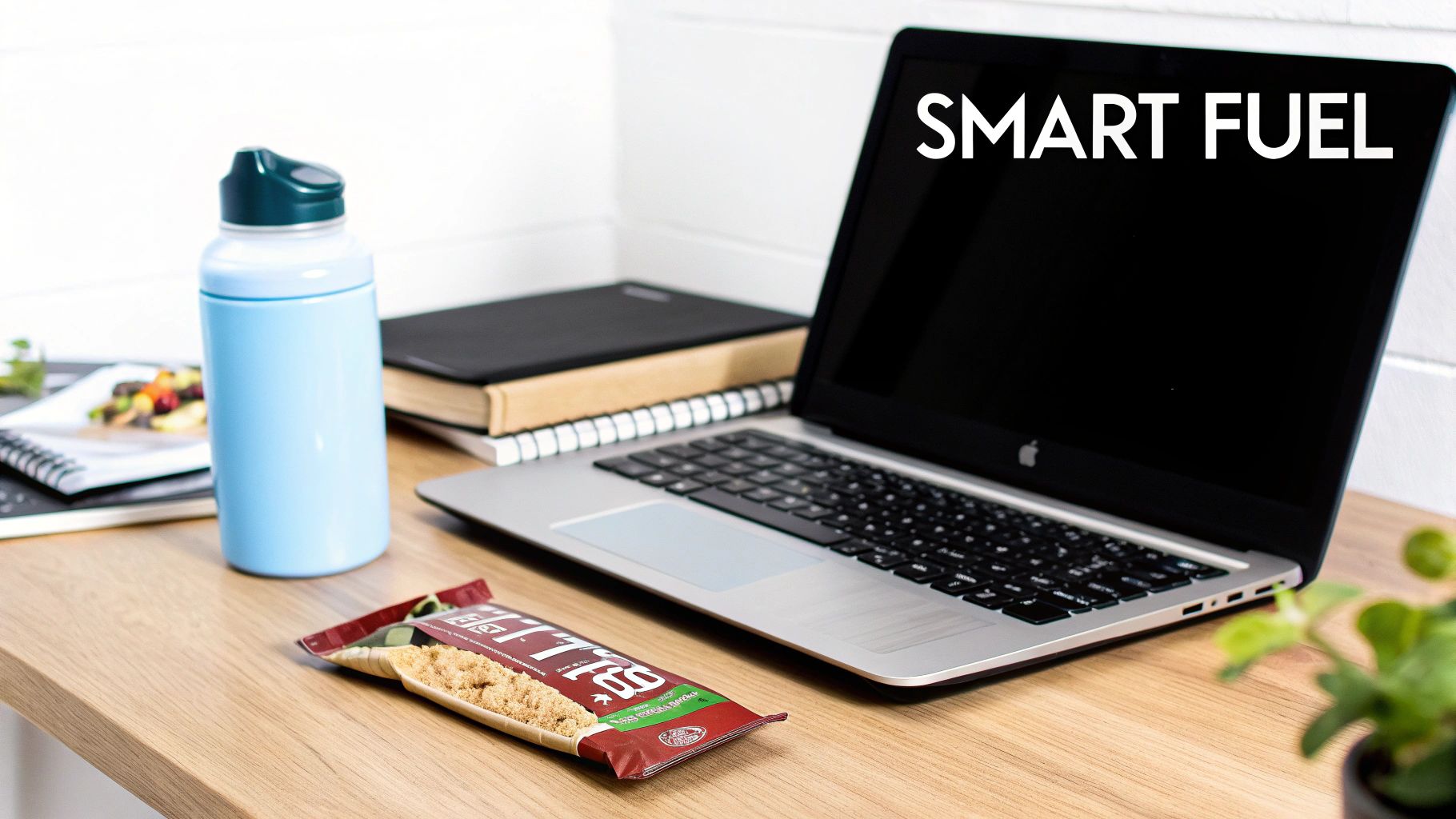A protein bar and water bottle next to a laptop displaying "SMART FUEL" on a wooden desk.