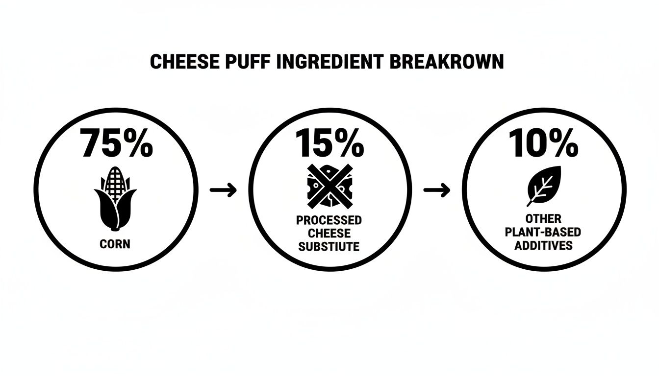 Infographic showing cheese puff ingredients: 75% corn, 15% processed cheese substitute, 10% plant-based additives.