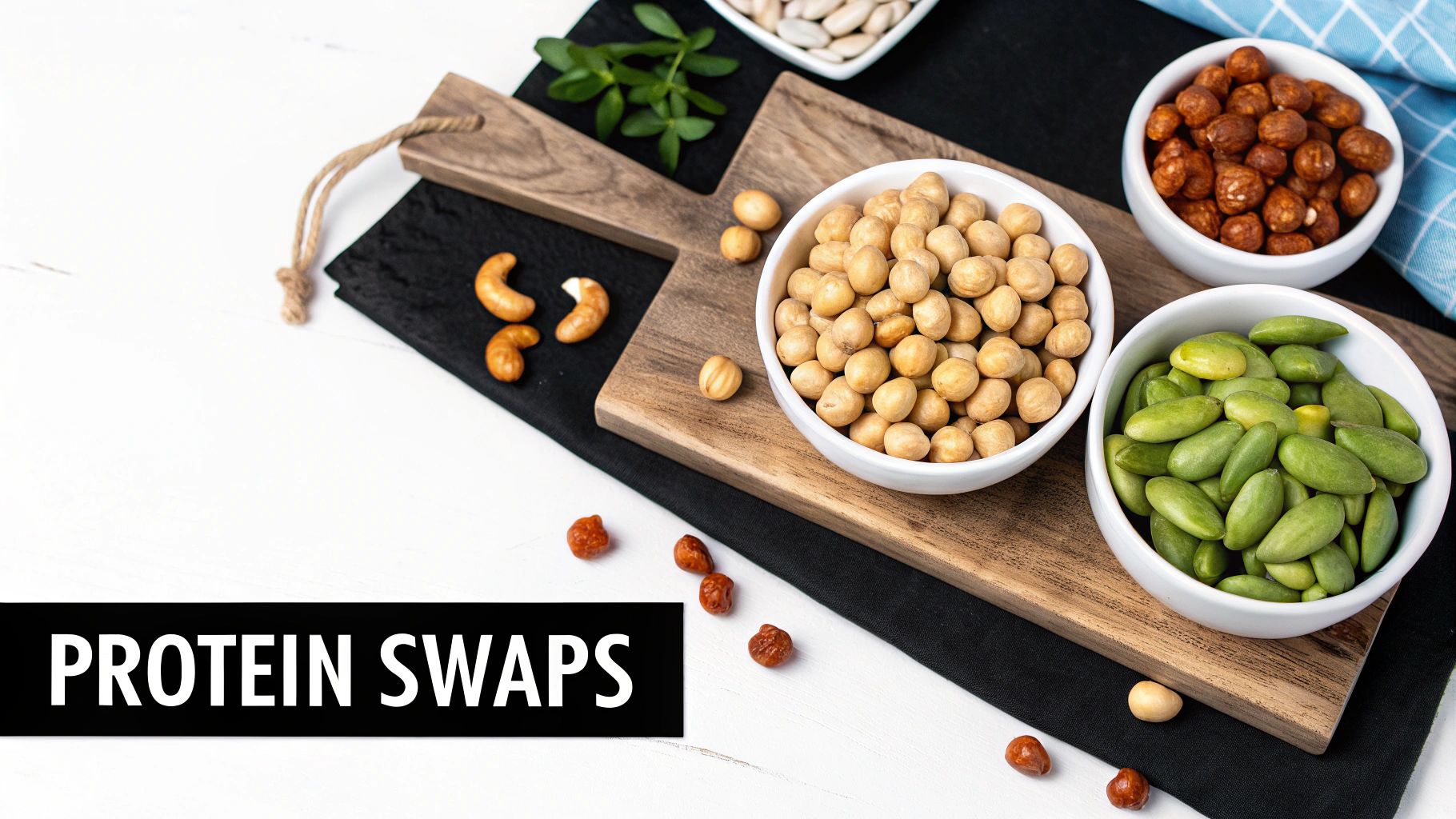 Assortment of protein-rich legumes and nuts like chickpeas, hazelnuts, edamame, and cashews on a wooden board.