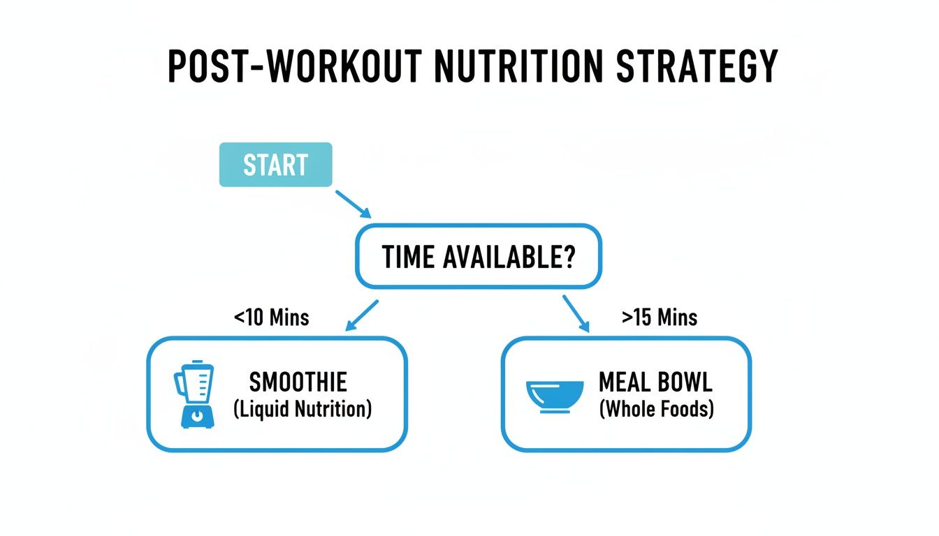 Flowchart outlining post-workout nutrition strategy: smoothie for less than 10 minutes, meal bowl for over 15 minutes.