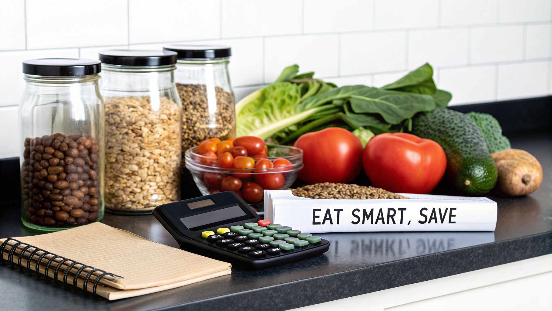 Healthy foods, a calculator, and a notebook on a kitchen counter with an 'EAT SMART, SAVE' sign.