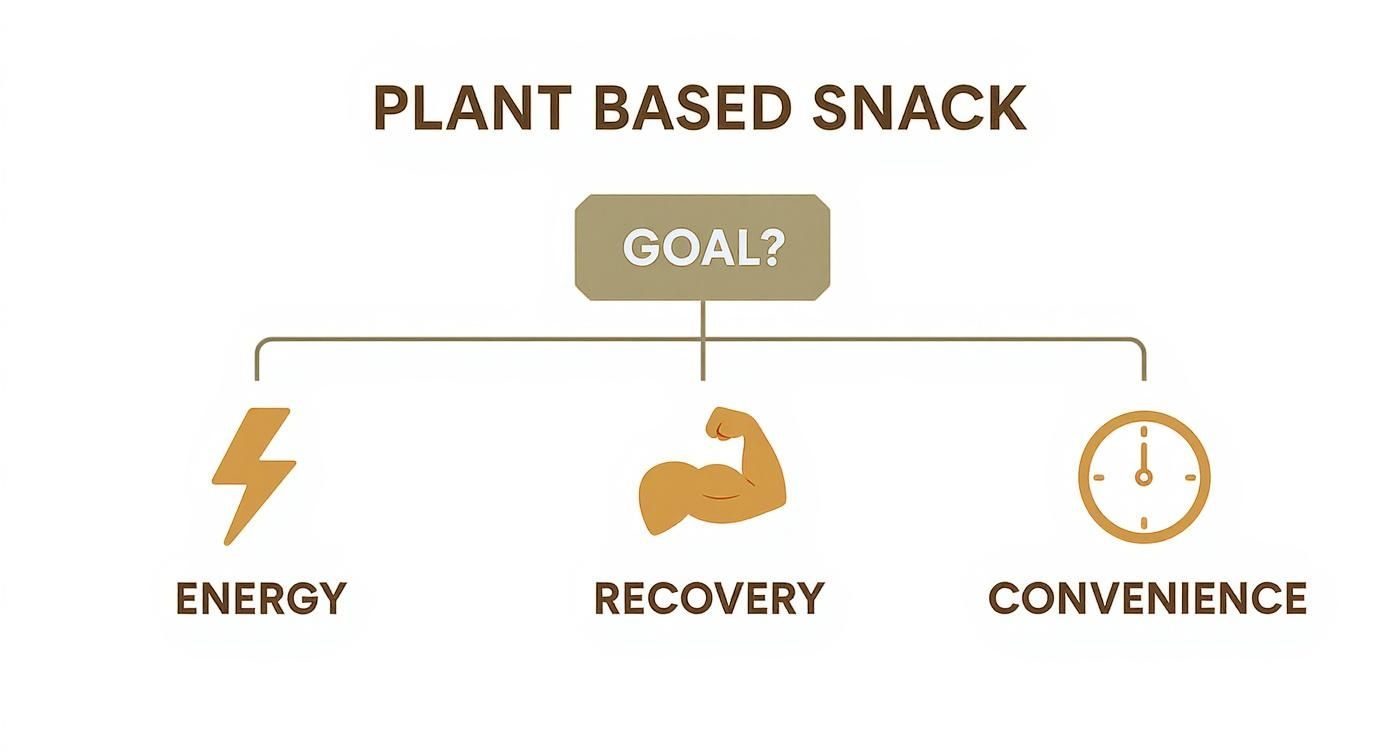 Diagram showing plant-based snack goals: energy, muscle recovery, or convenience options.