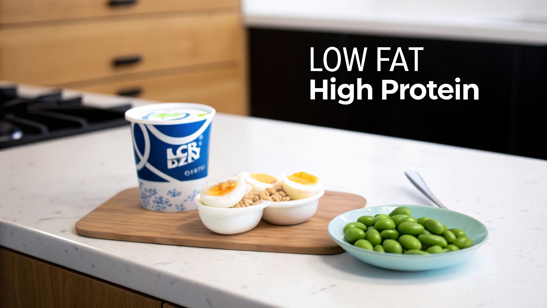 Low fat high protein snack arrangement featuring Greek yogurt, hard boiled eggs, edamame and chickpeas