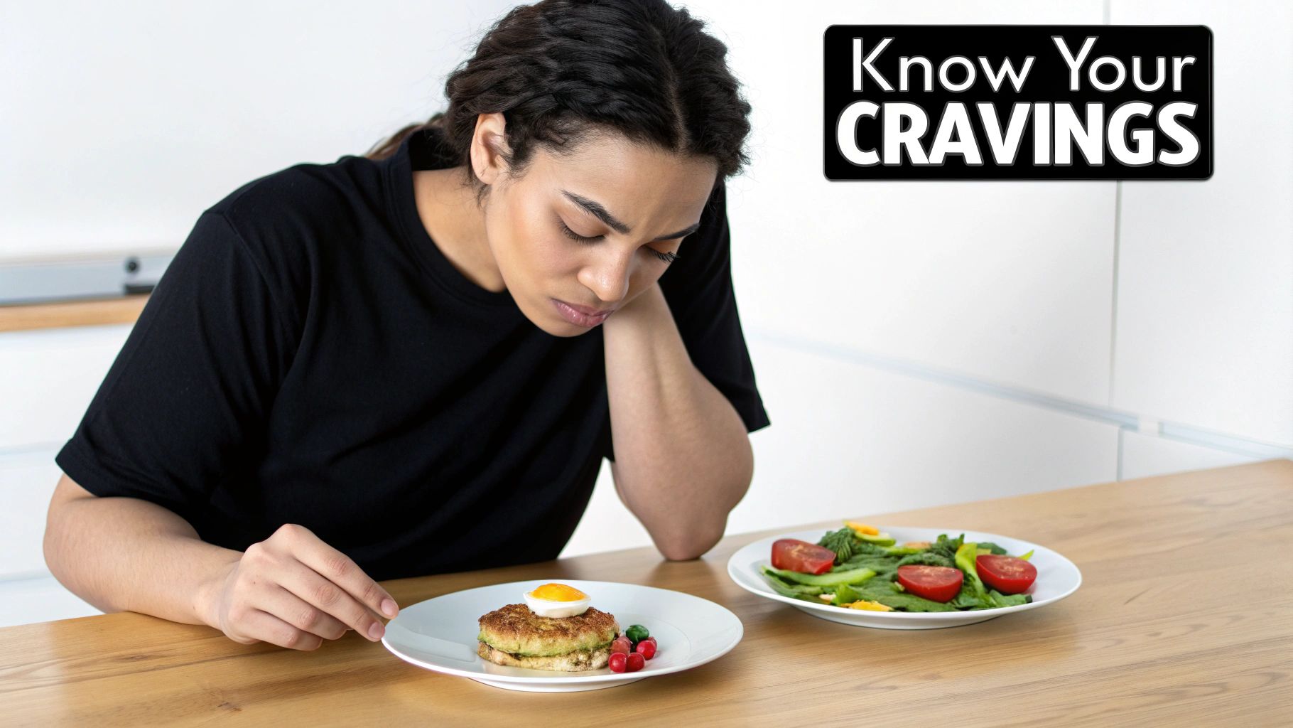 A woman looks unhappily at a healthy meal, with a 'Know Your CRAVINGS' sign above.