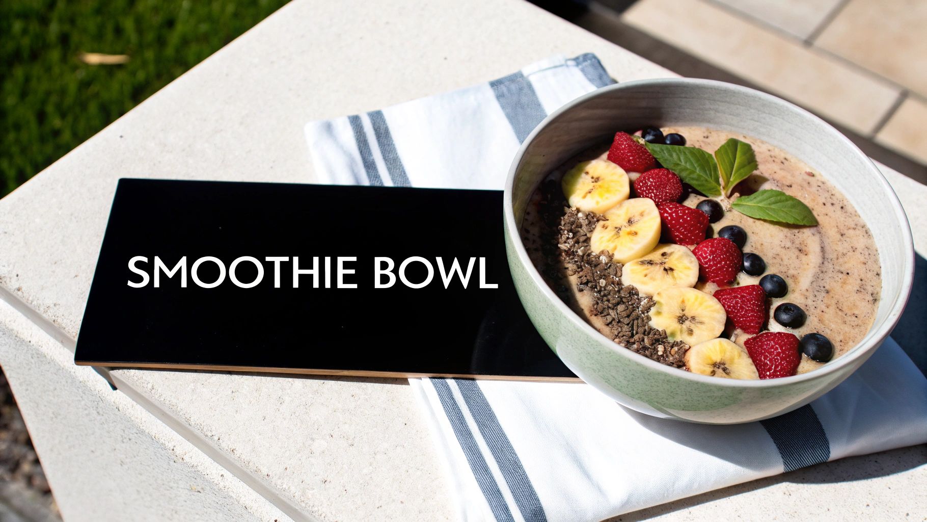 A vibrant smoothie bowl topped with bananas, strawberries, blueberries, and seeds, next to a 'SMOOTHIE BOWL' sign.