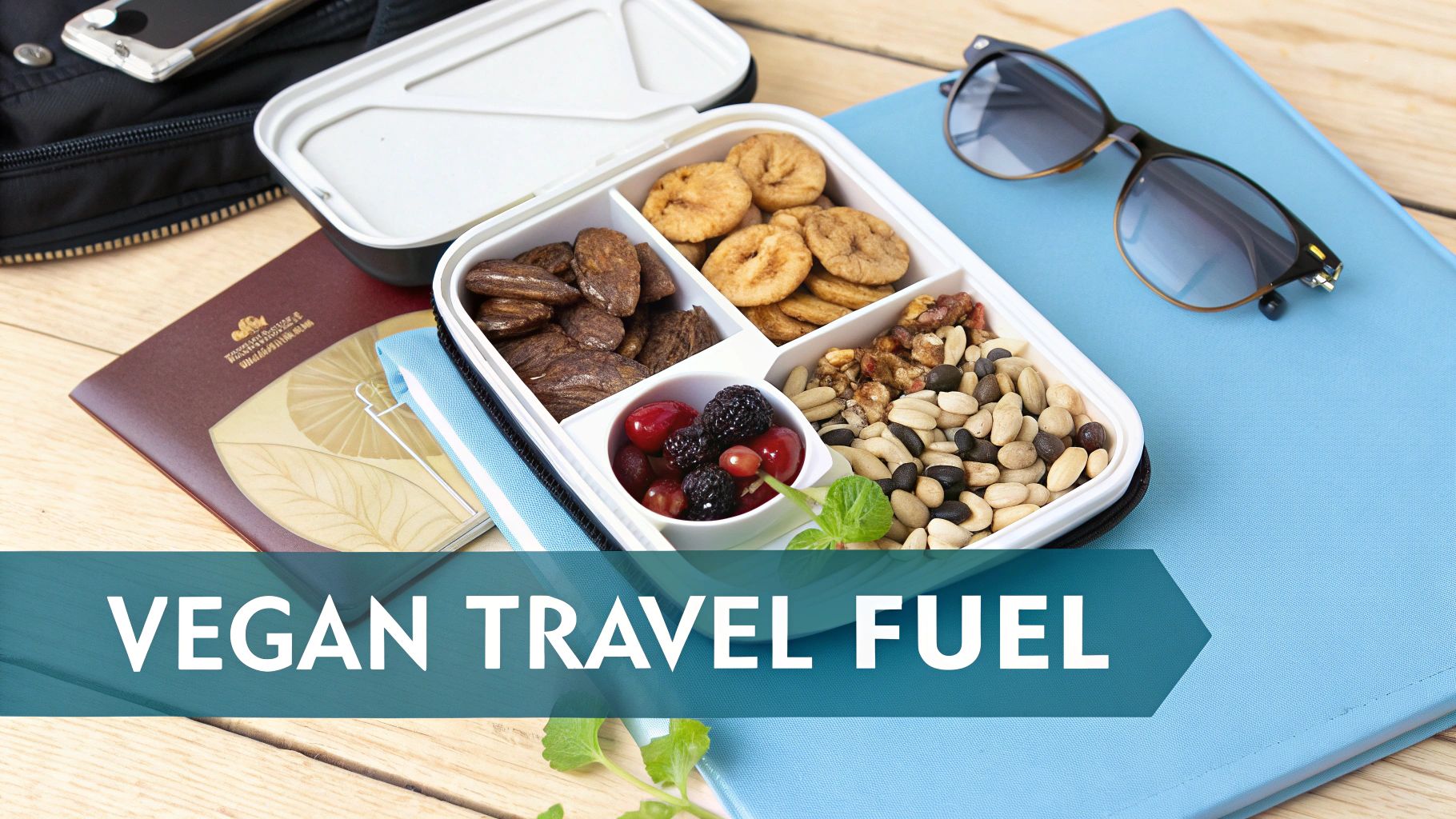 A bento box filled with vegan travel snacks like nuts, berries, and dried fruit, alongside a passport and sunglasses.