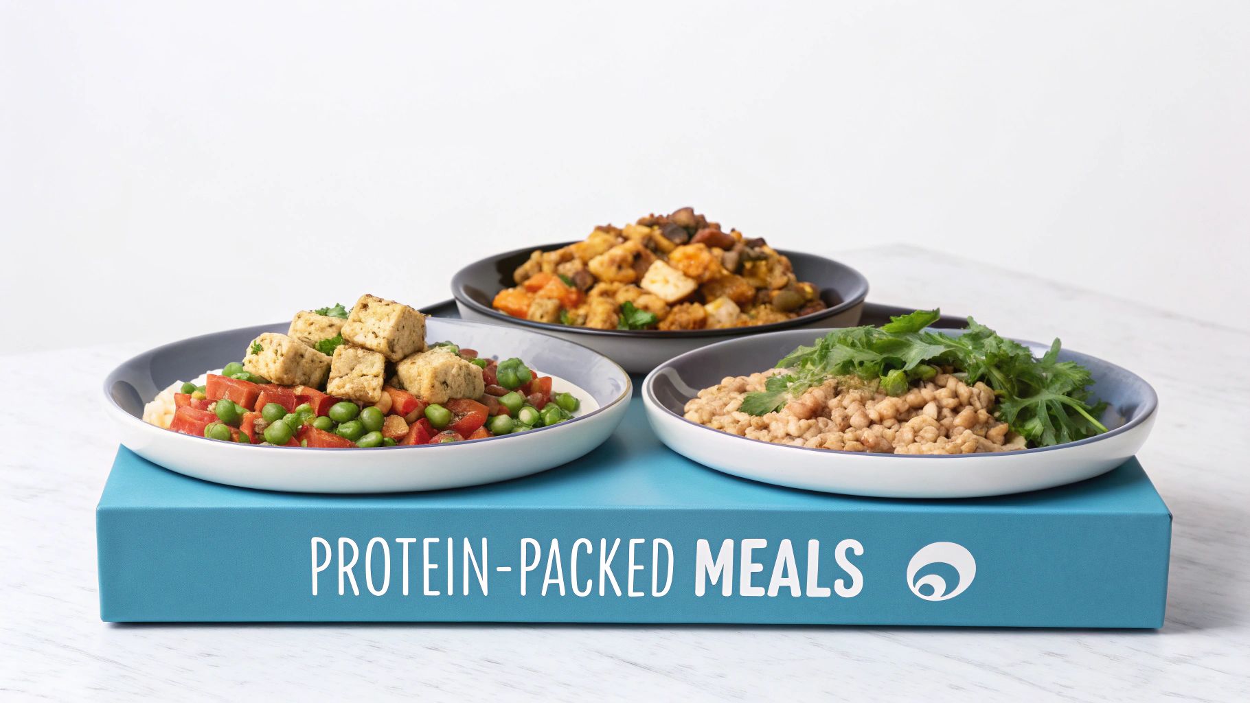 A scoop of vegan protein powder next to a shaker bottle and a bowl of a fruit on a kitchen counter.