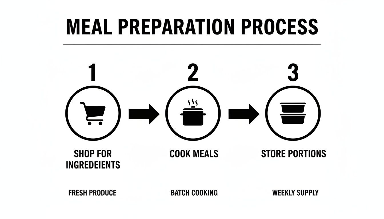 A black and white infographic illustrating the three-step meal preparation process: shopping, cooking, and storing.