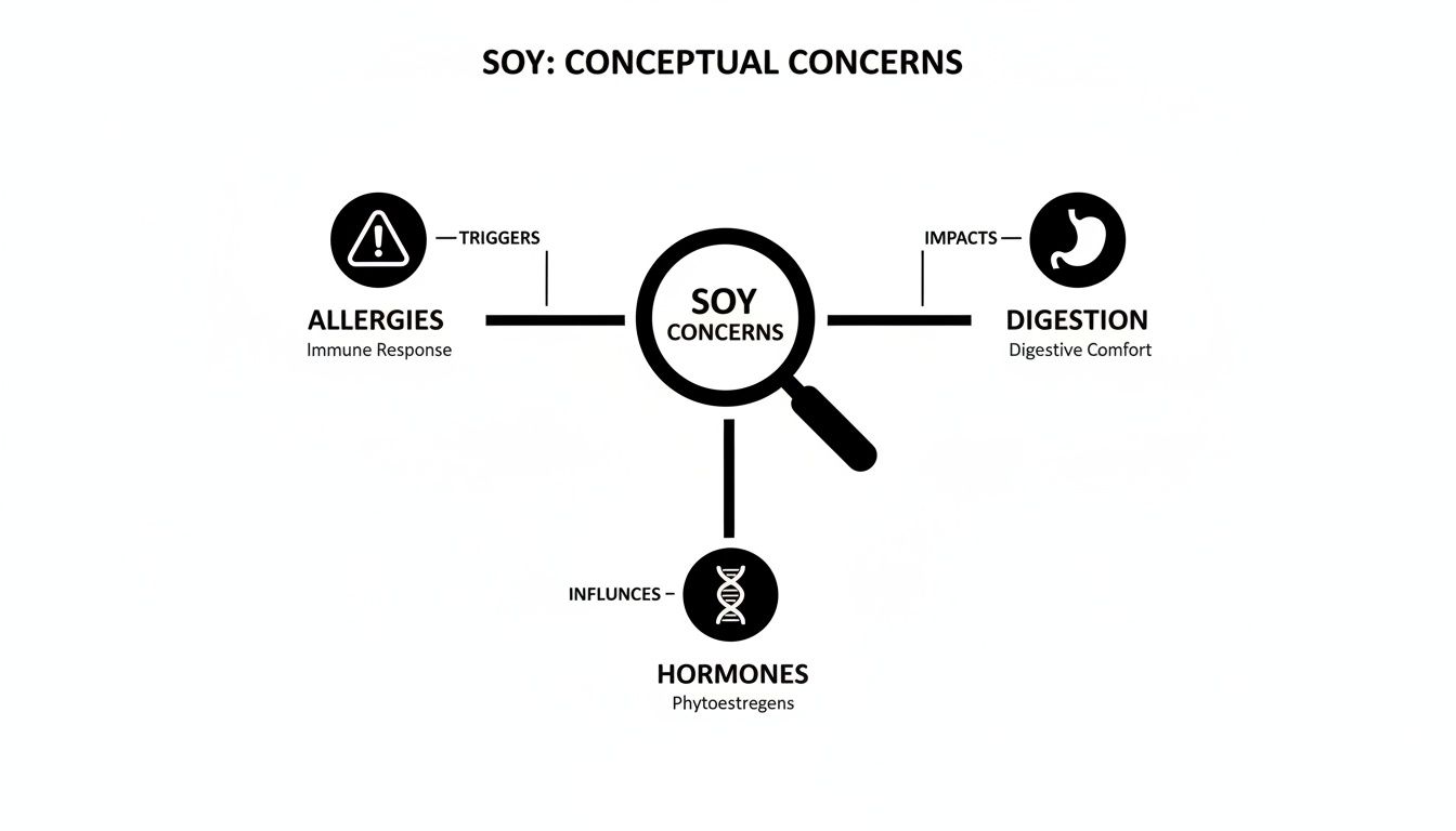 A conceptual diagram detailing soy concerns, including triggers for allergies, impacts on digestion, and influences on hormones like phytoestrogens.