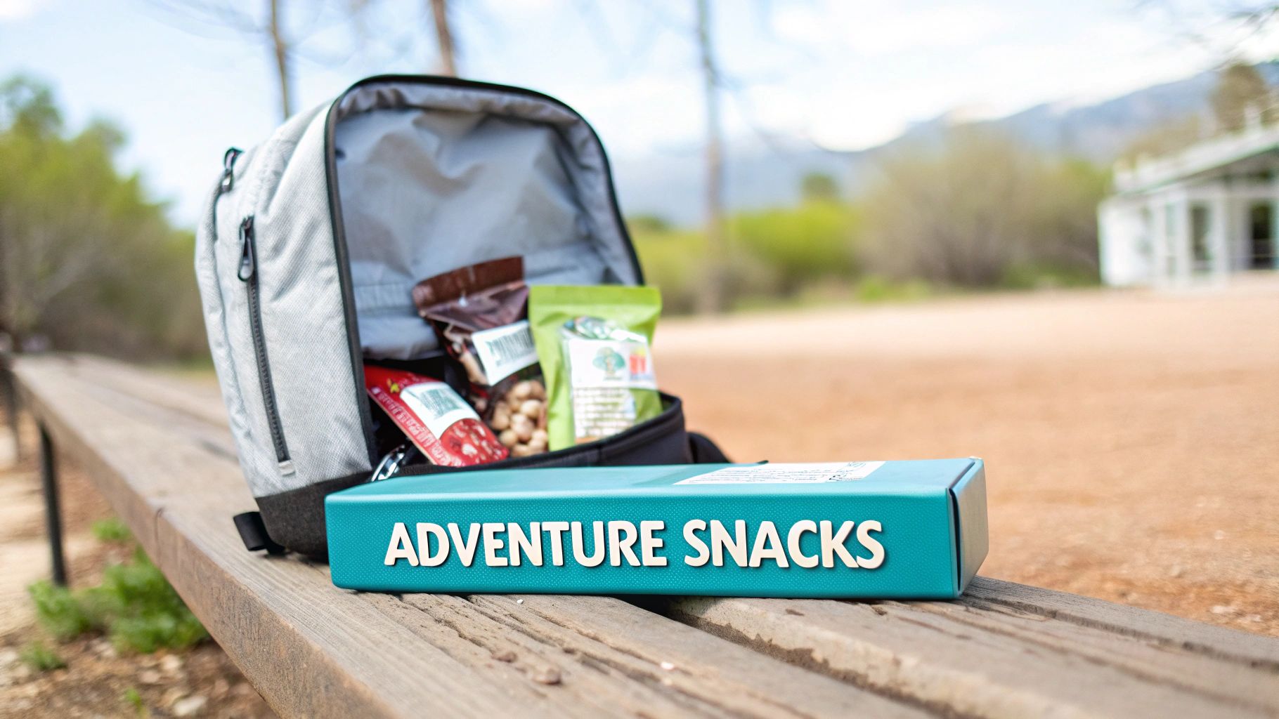 A grey backpack filled with various snack bags on a wooden bench next to a turquoise box labeled 'ADVENTURE SNACKS' outdoors.