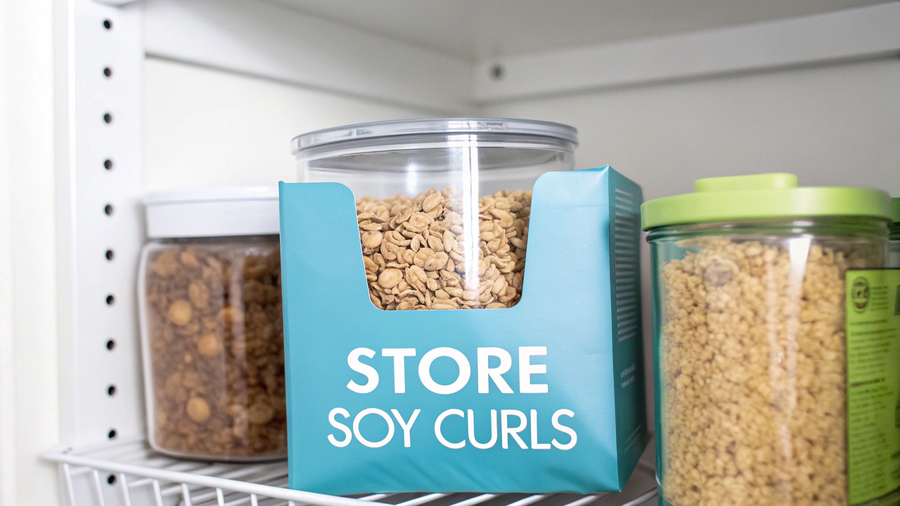 Soy curls stored in a clear glass pantry jar next to other dried goods.