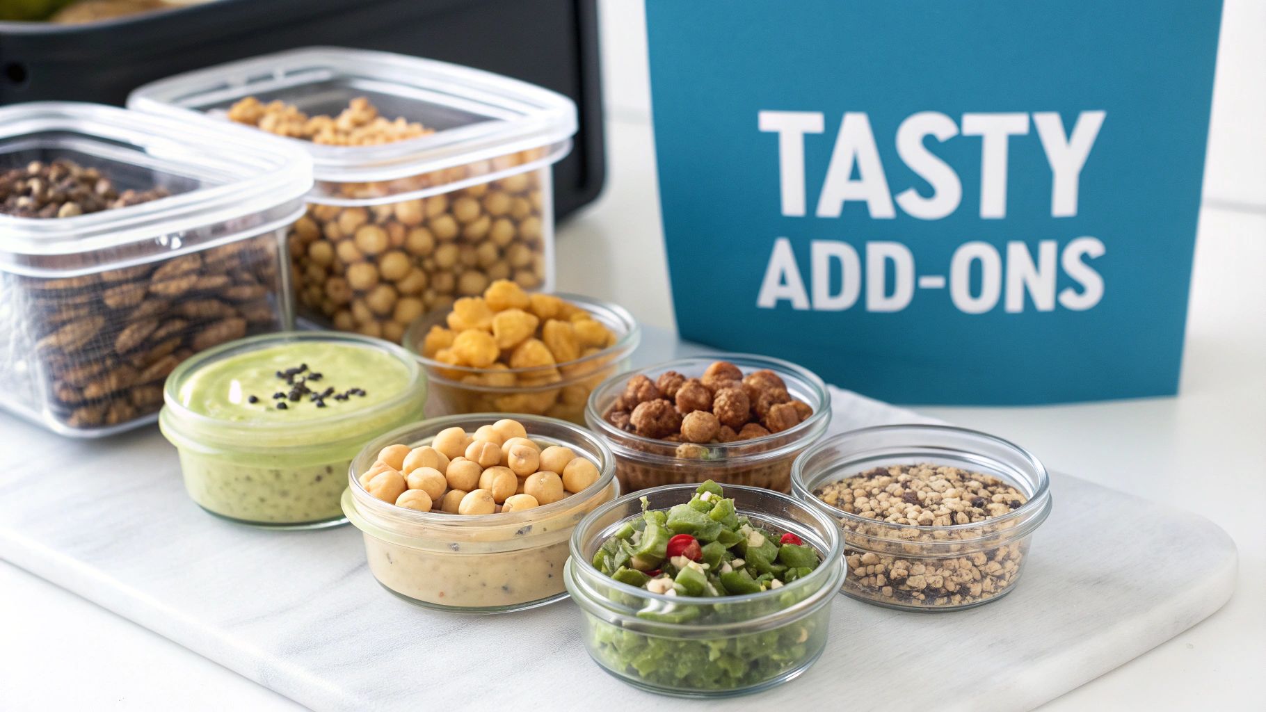 Small containers of vegan meal add-ons like chickpeas, nuts, dips, and vegetables, with a 'Tasty Add-Ons' sign.