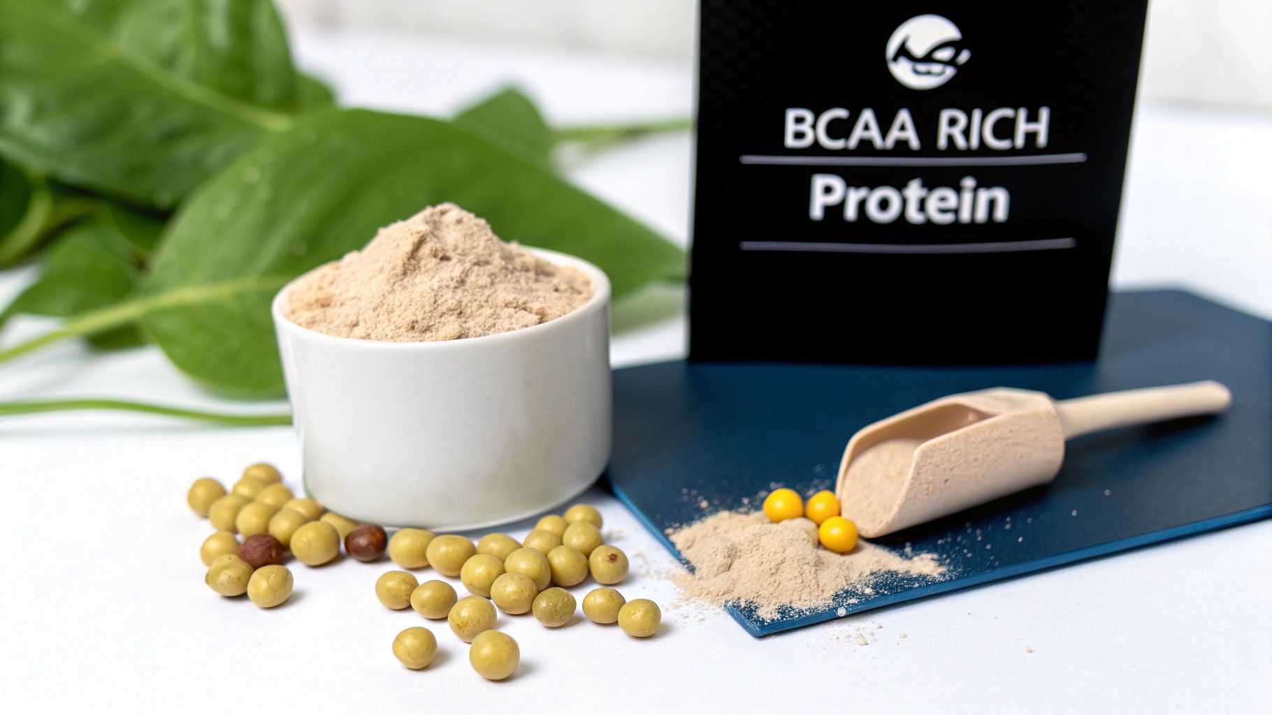 Protein powder in a bowl, a BCAA protein box, soybeans, and yellow pills on white background.