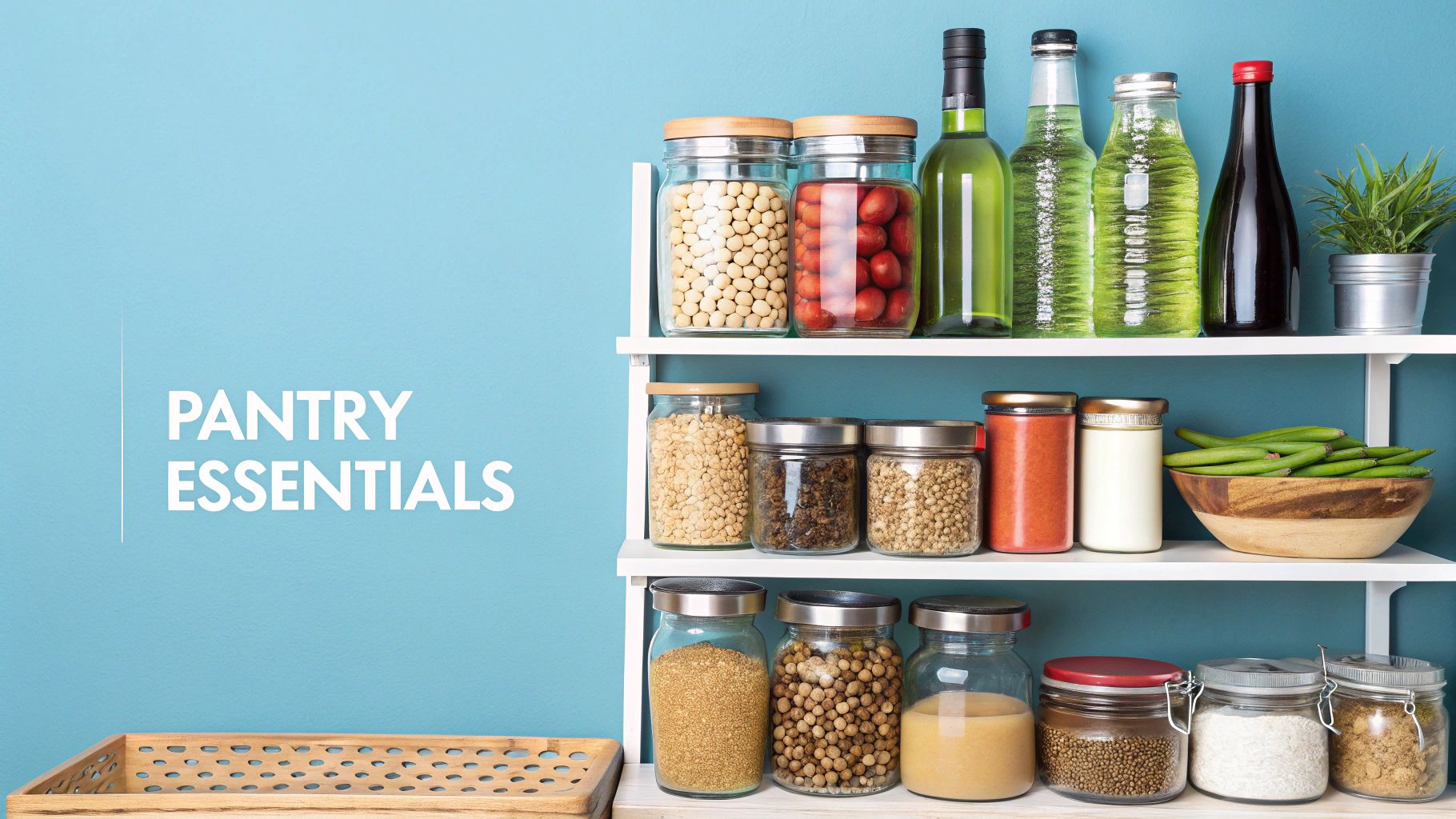 A well-stocked pantry featuring jars of beans, grains, spices, and bottles of liquids, highlighting 'Pantry Essentials'.