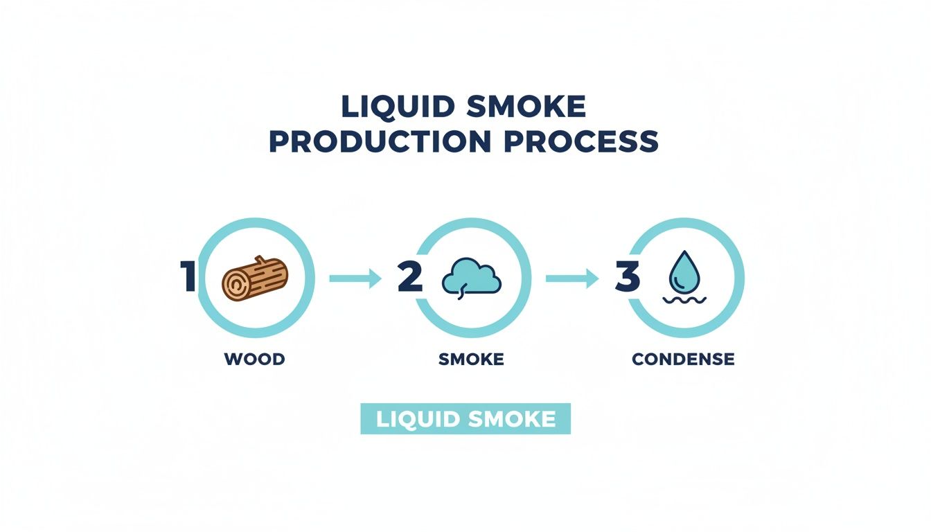 Infographic showing the liquid smoke production process: wood burns to smoke, then condenses into liquid.