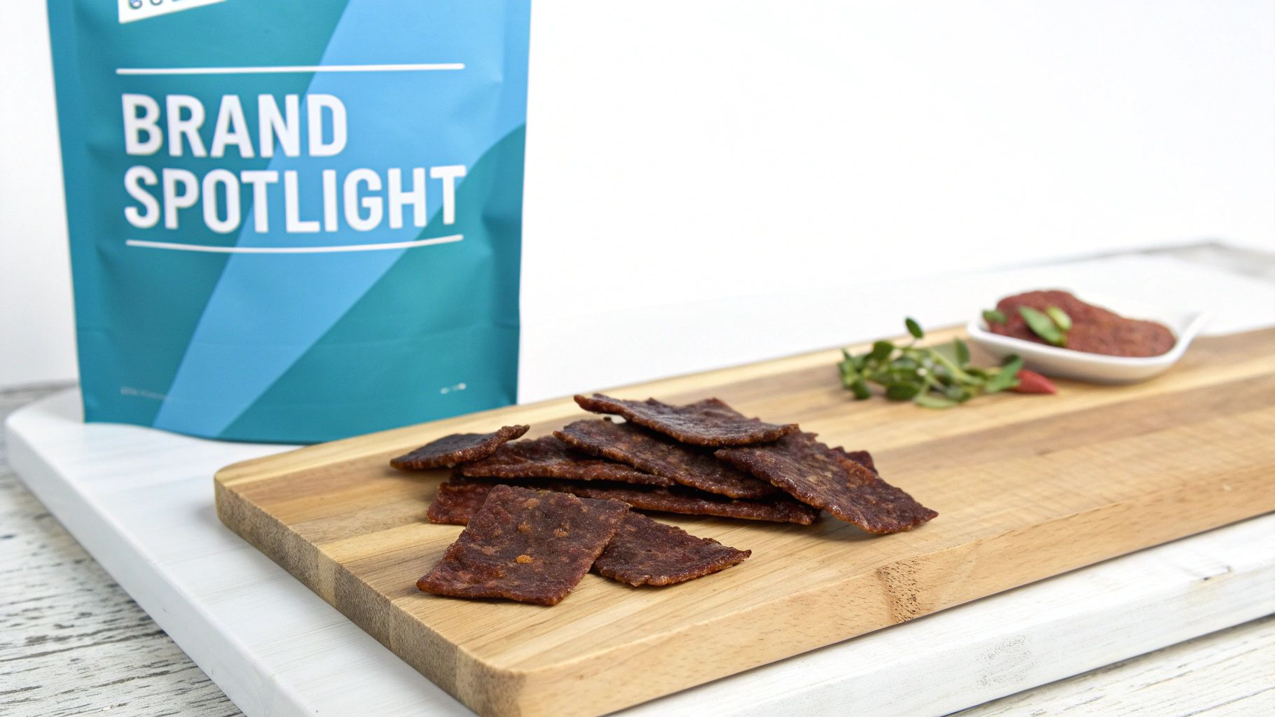 A teal pouch labeled 'BRAND SPOTLIGHT' stands behind a wooden board with vegan jerky, a dipping sauce, and fresh herbs.