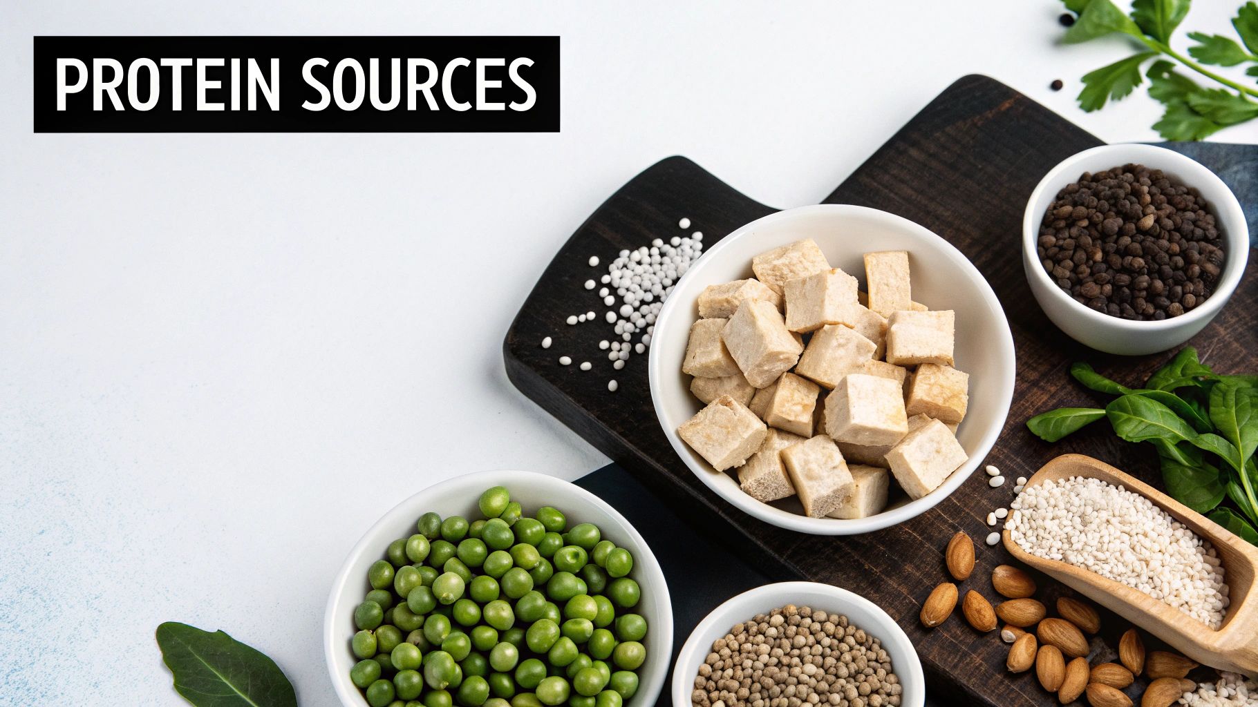 Overhead view of plant-based protein sources including tofu, legumes, nuts, seeds, and green peas in bowls