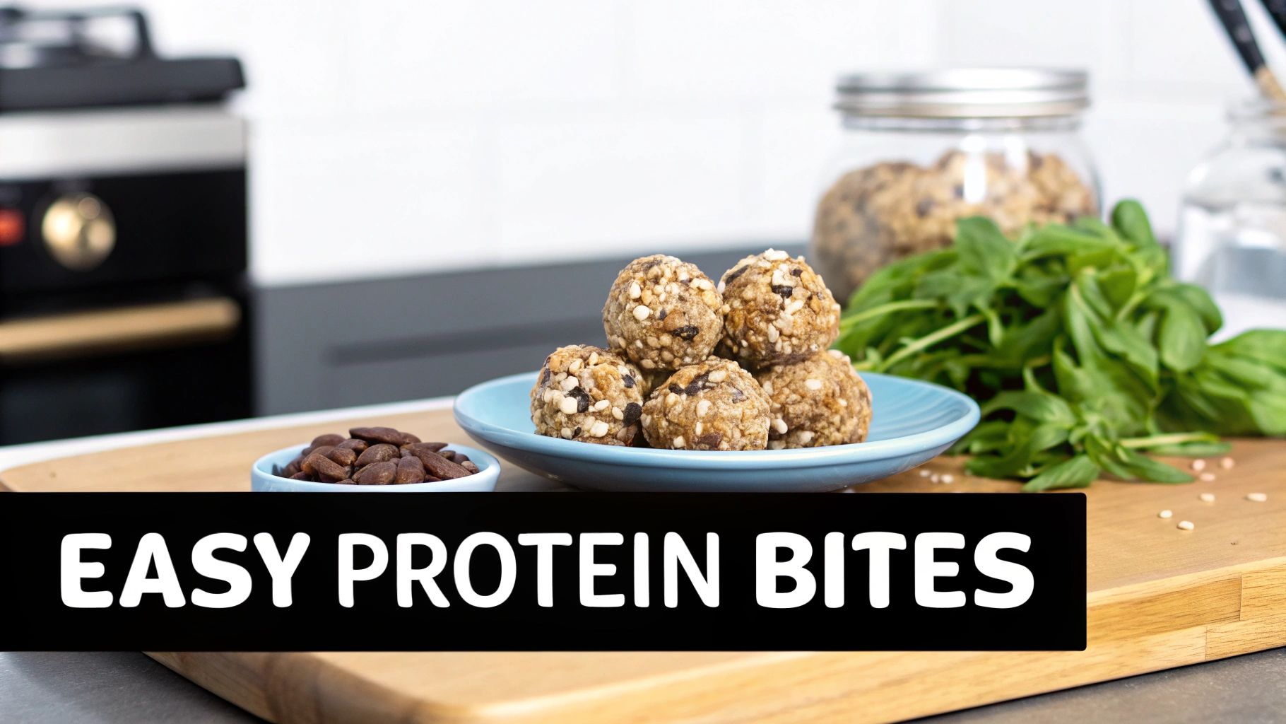 Healthy protein energy bites on blue plate with almonds and fresh basil on wooden cutting board