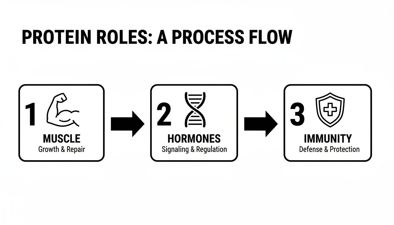 A process flow diagram illustrates the three main roles of protein: muscle growth, hormone regulation, and immunity.