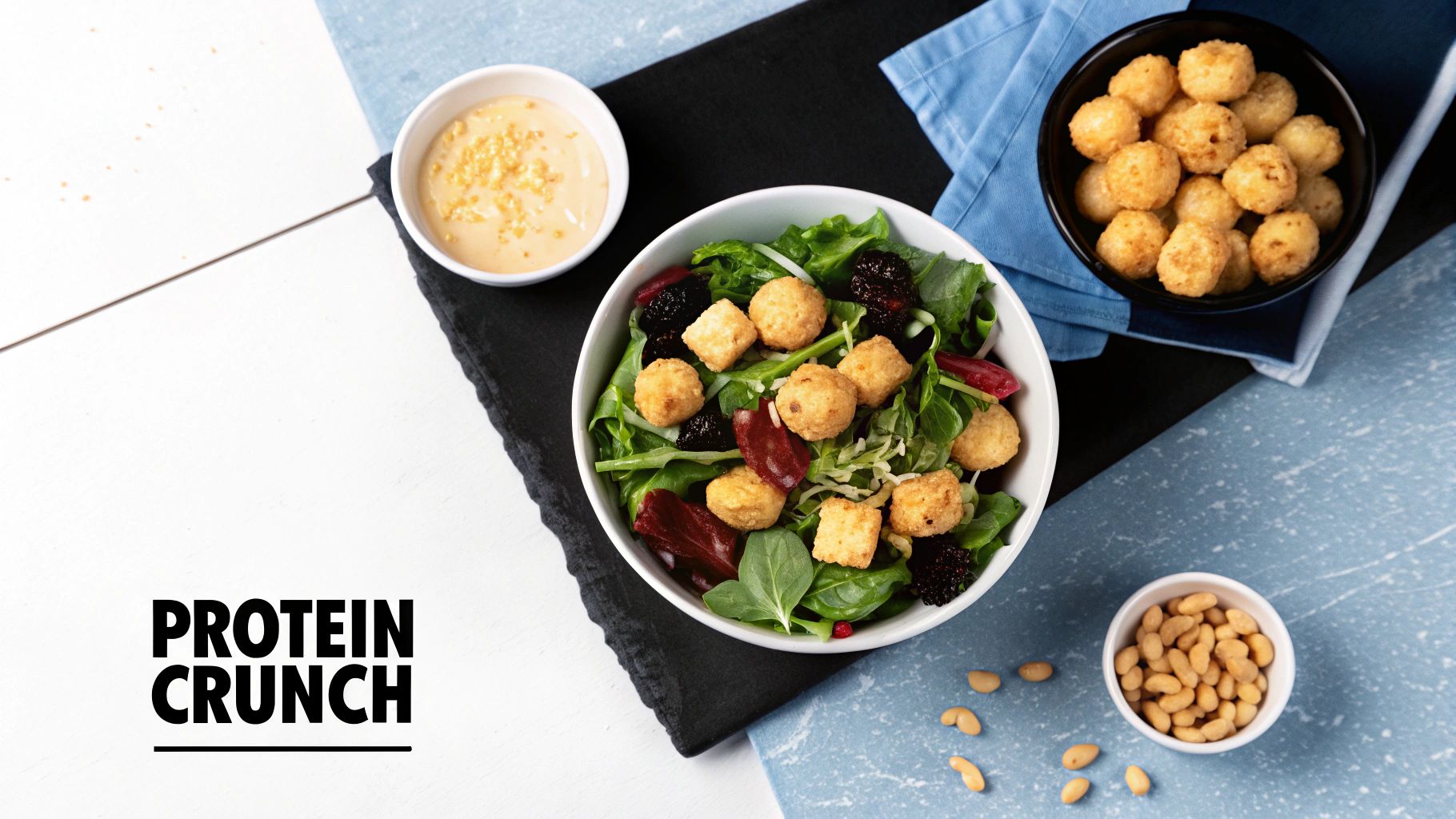 A vibrant protein crunch salad with greens, golden crunchy pieces, berries, creamy dressing, and nuts.