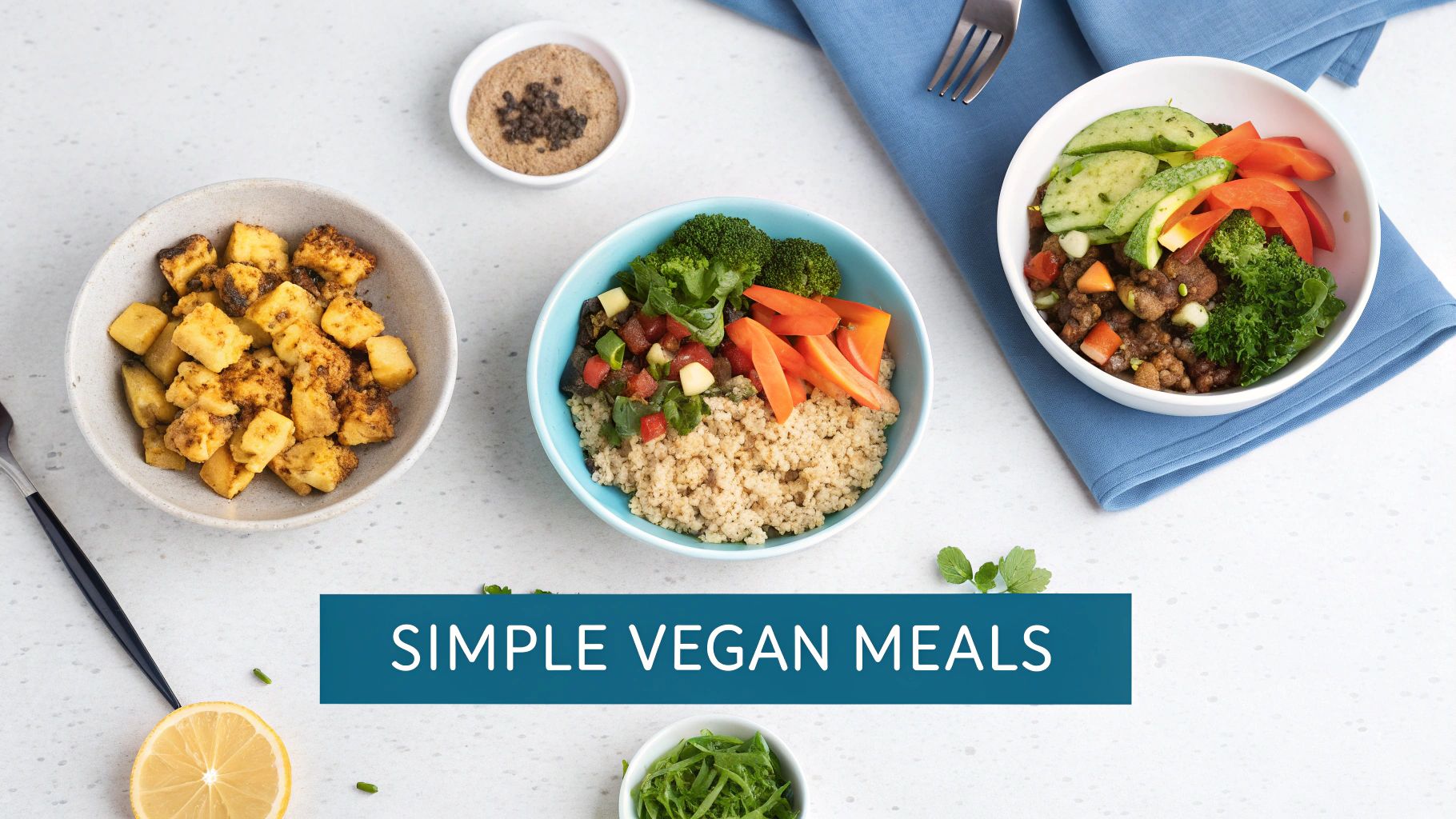 Three colorful bowls showcasing simple vegan meals, including tofu and grain bowls with fresh vegetables.