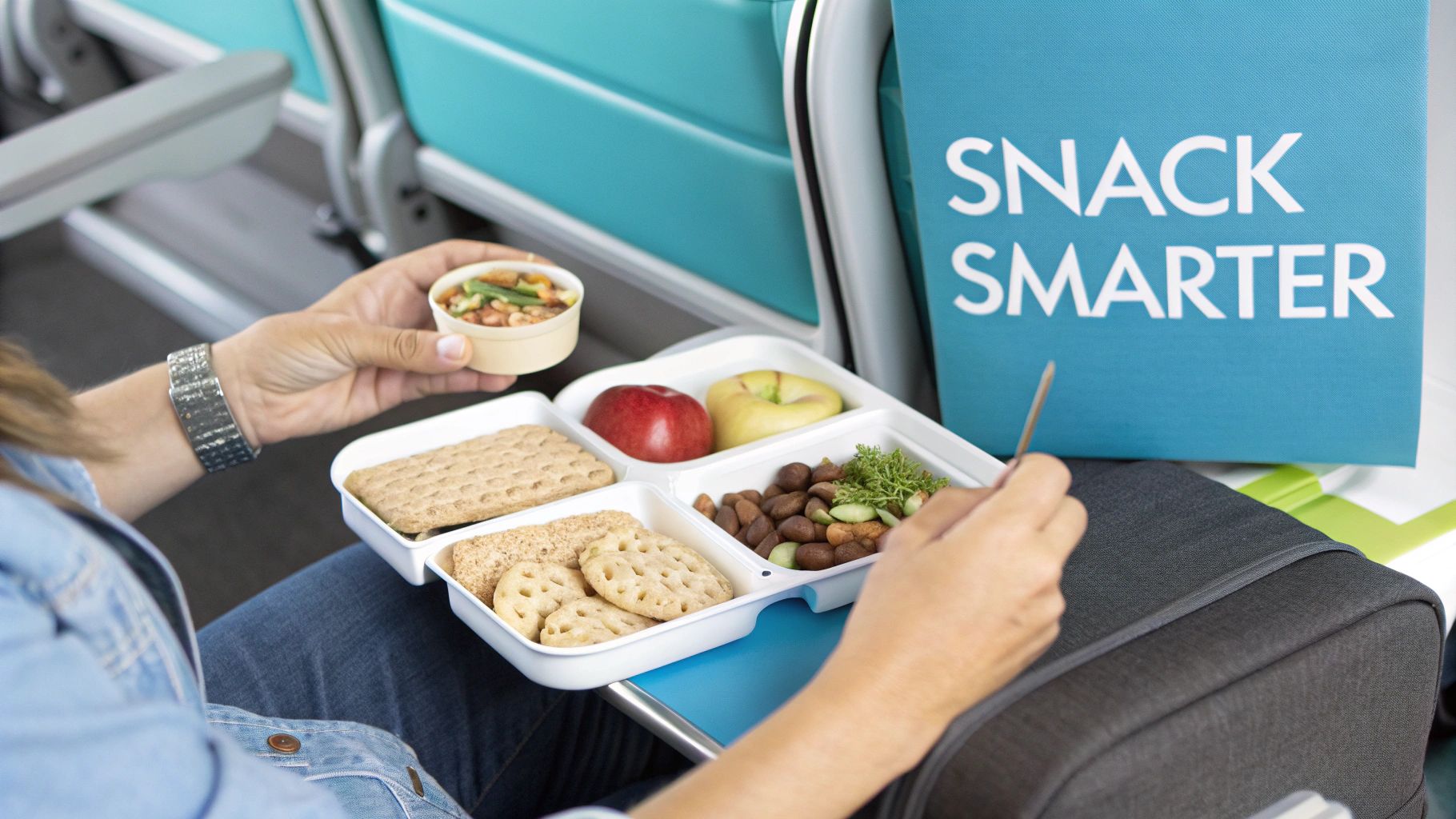 A person packing healthy vegan snacks like fruits, nuts, and crackers into a container for travel.