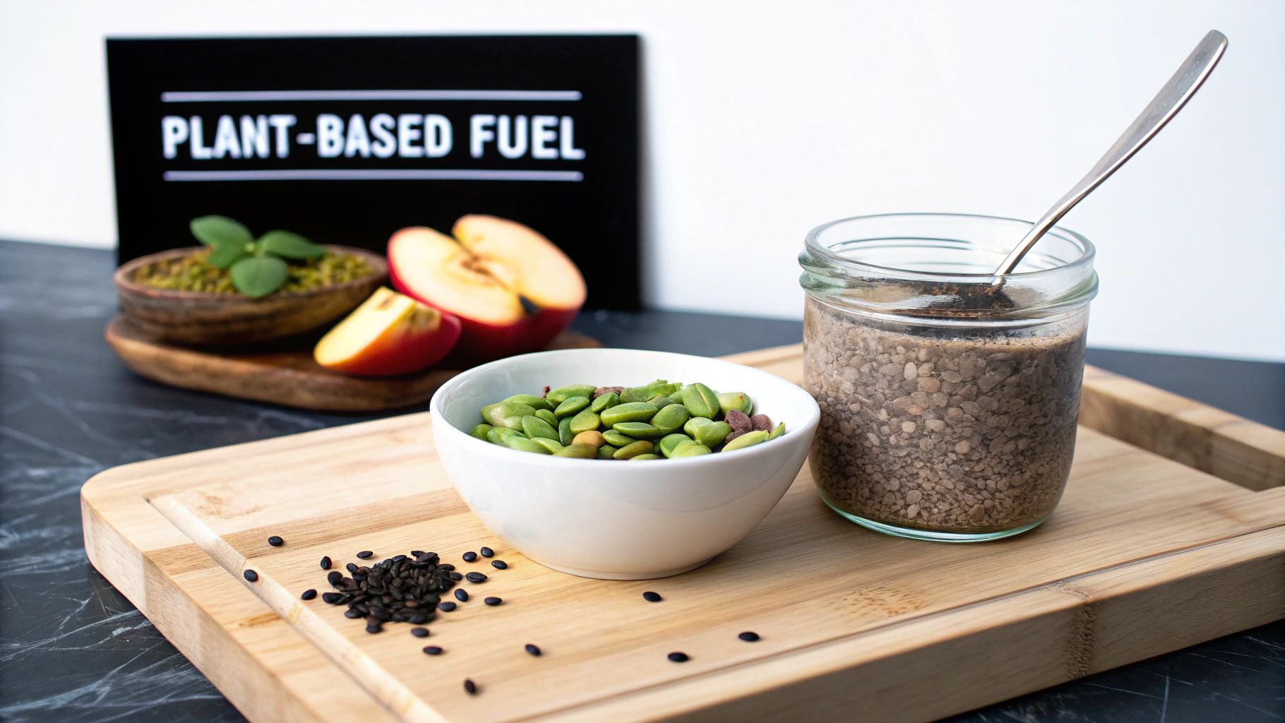 A diverse selection of plant-based ingredients like green seeds, sliced apples, and sprouts on a wooden board, with a “Plant-Based Fuel” sign in the background.