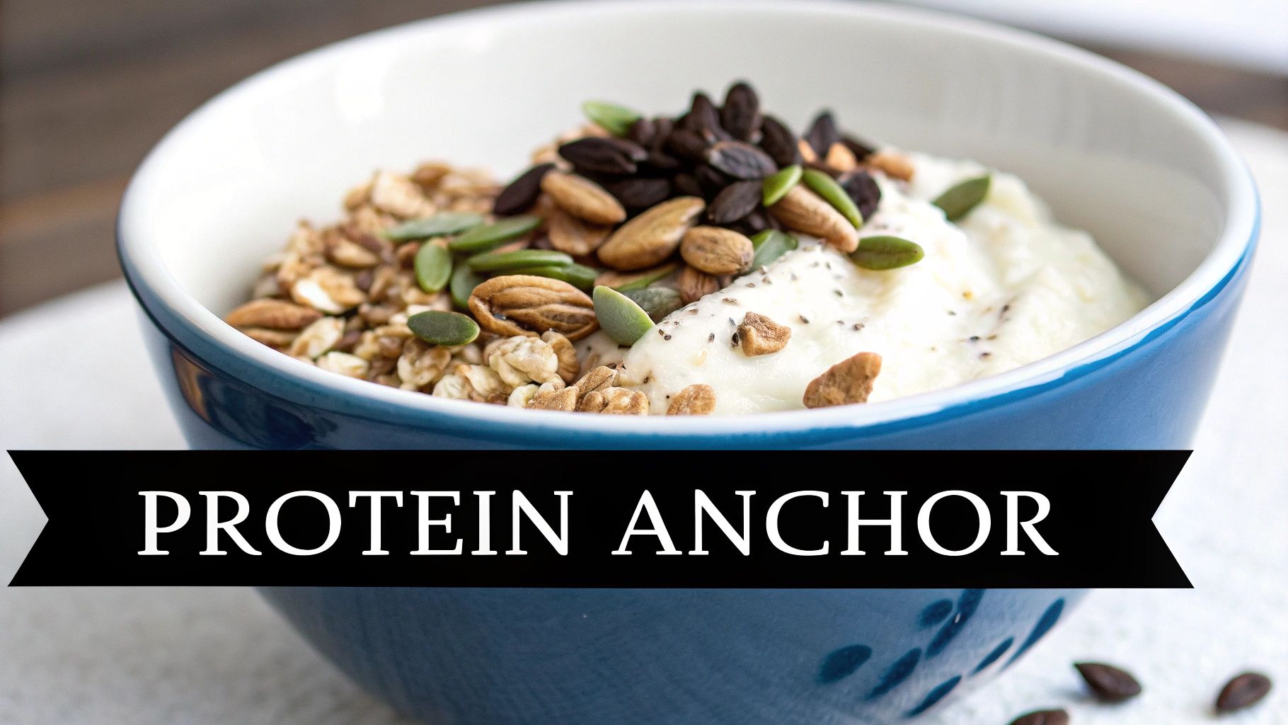 A close-up of a blue bowl filled with creamy yogurt, granola, pumpkin seeds, and chia seeds, labeled 'PROTEIN ANCHOR'.