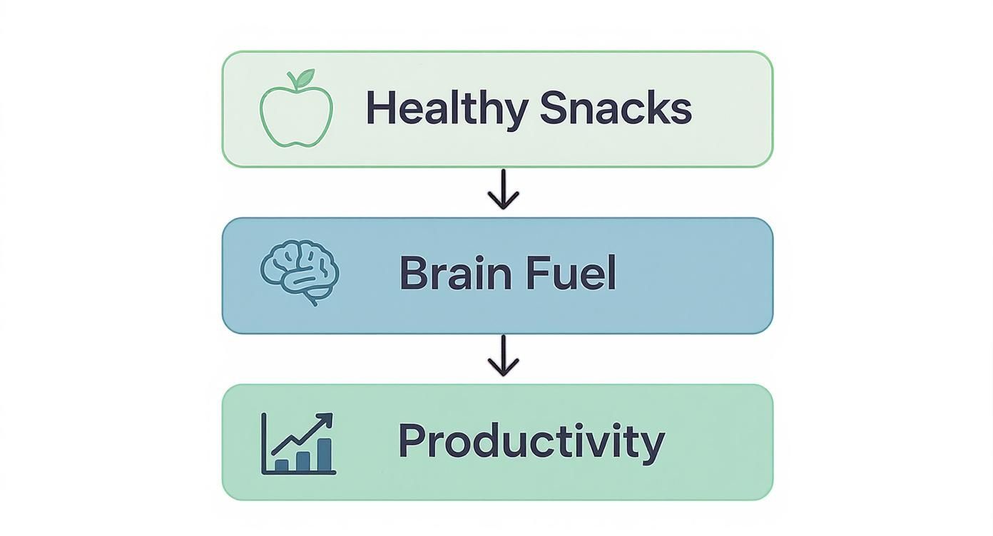 Flowchart illustrating how healthy snacks lead to brain fuel and increased productivity.