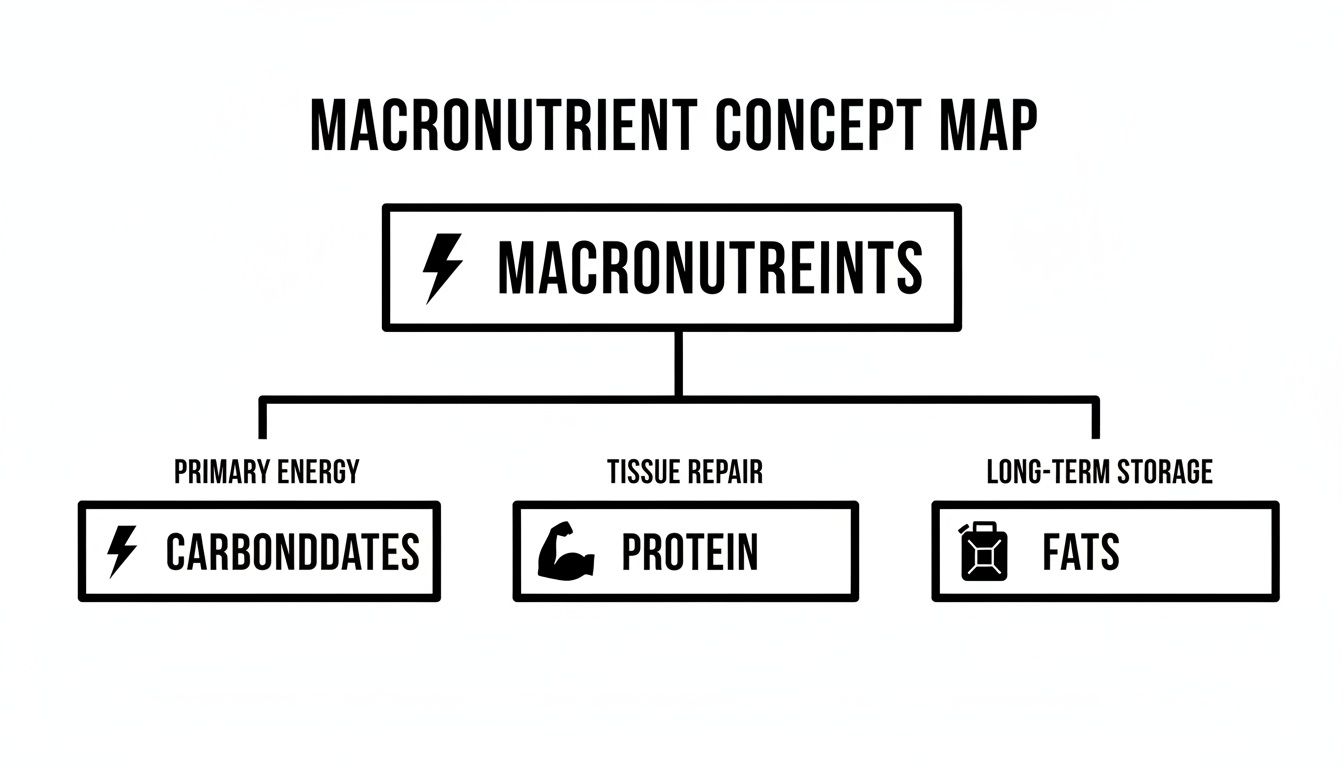 A concept map visually explaining macronutrients: carbohydrates for energy, protein for tissue repair, and fats for storage.