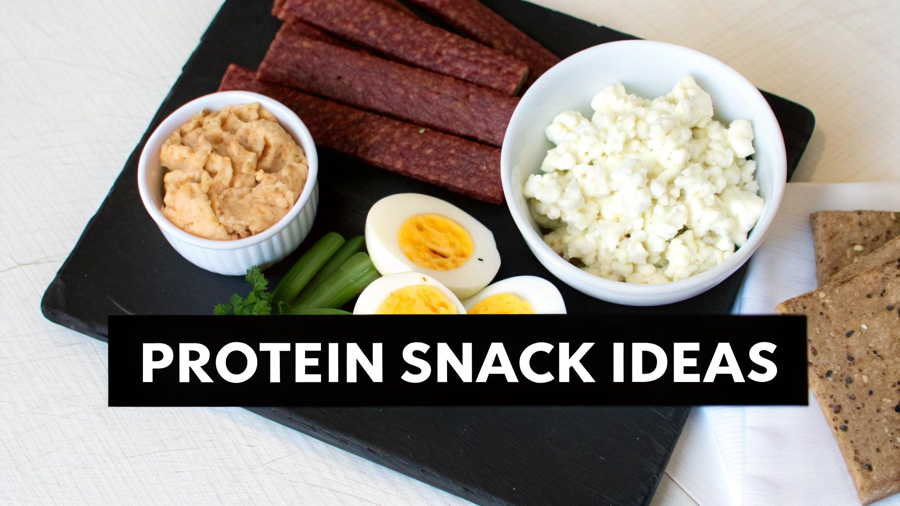 A variety of high-protein snacks arranged on a table