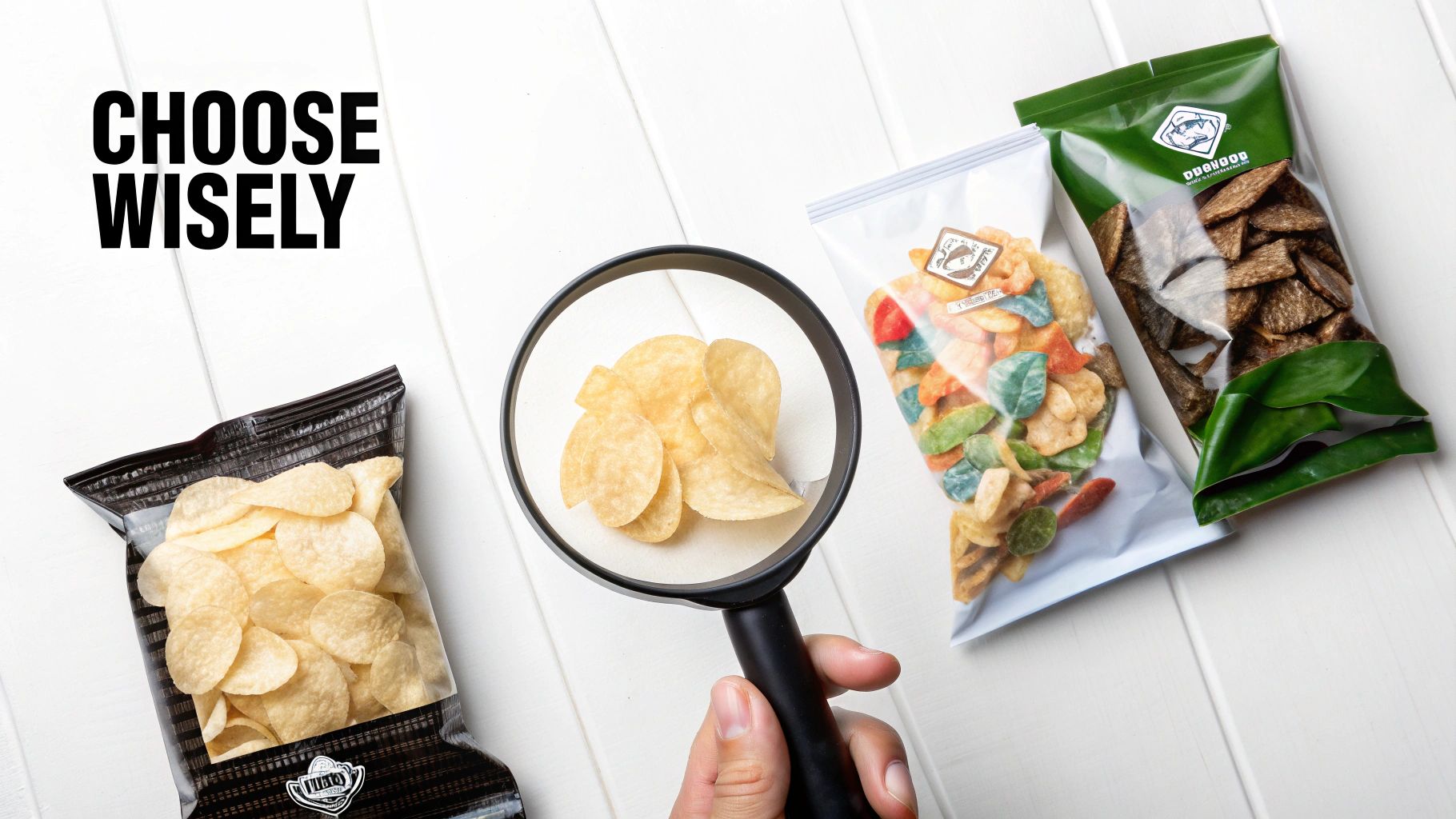A hand holds a magnifying glass over potato chips, with other snack bags and 'Choose Wisely' text, symbolizing healthy choices.