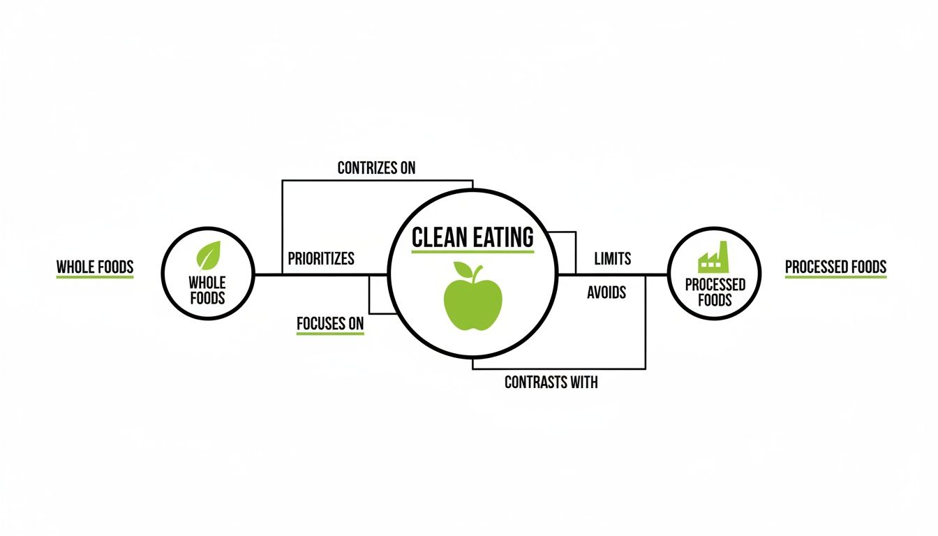 A diagram explaining clean eating, highlighting the prioritization of whole foods and avoidance of processed foods.