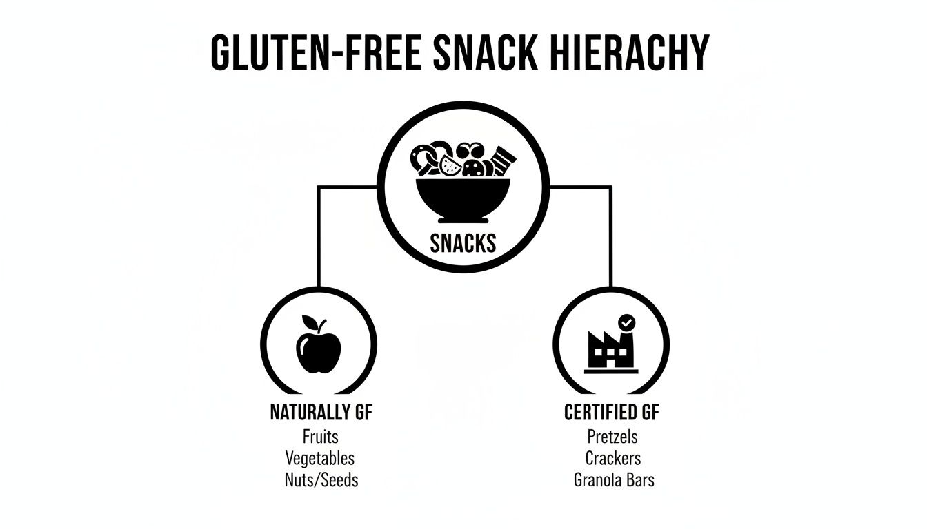 A diagram illustrates the gluten-free snack hierarchy, categorizing snacks into naturally GF foods and certified GF processed items.