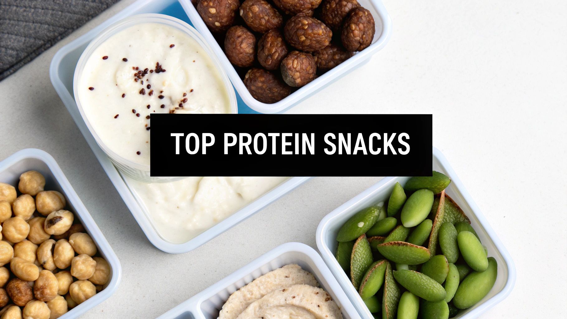 Healthy high protein snacks including Greek yogurt, edamame, chickpeas, and energy balls in meal prep containers
