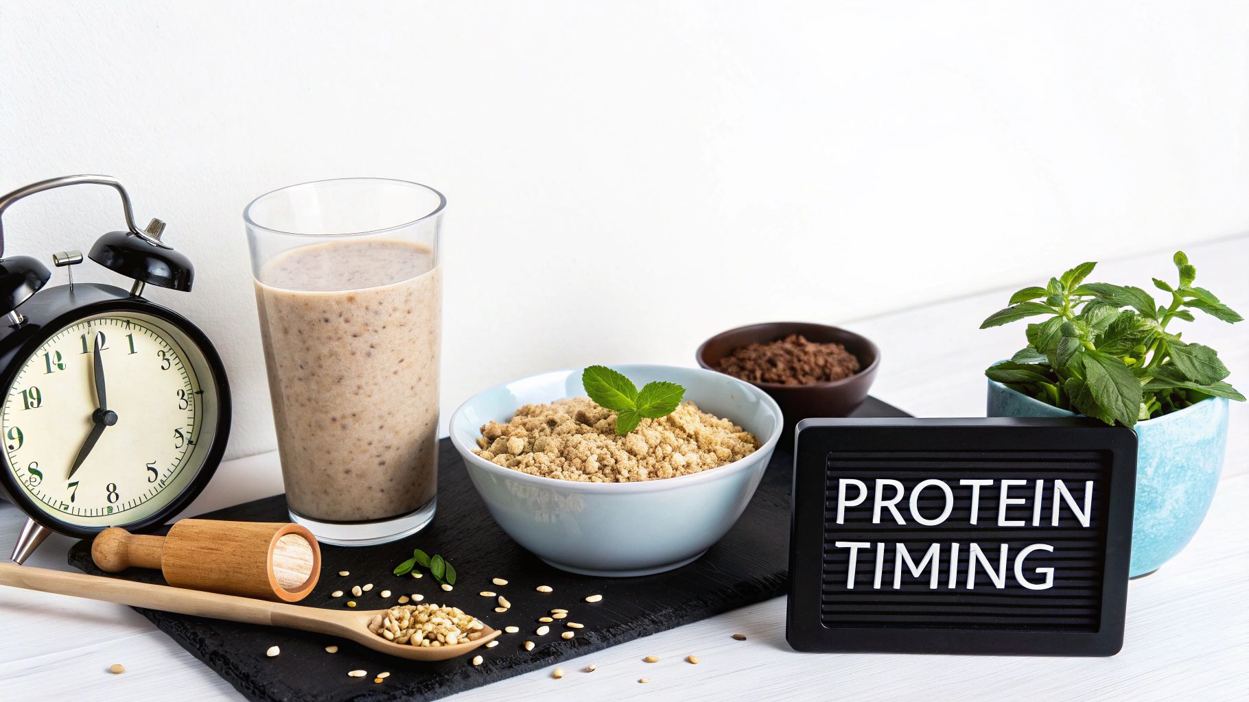 A person mixes plant-based protein powder into a smoothie bowl with fruits and seeds.