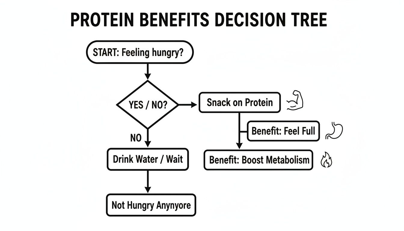 A protein benefits decision tree flowchart showing actions to take when feeling hungry or not.