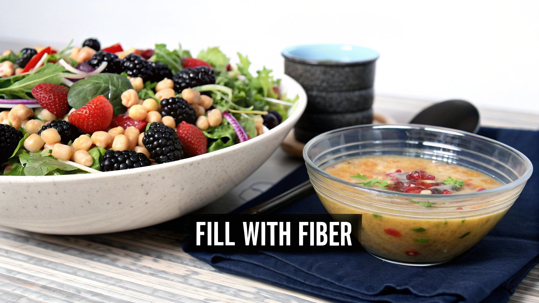 A healthy meal with a fiber-rich salad featuring chickpeas and berries, alongside a hearty bowl of soup.
