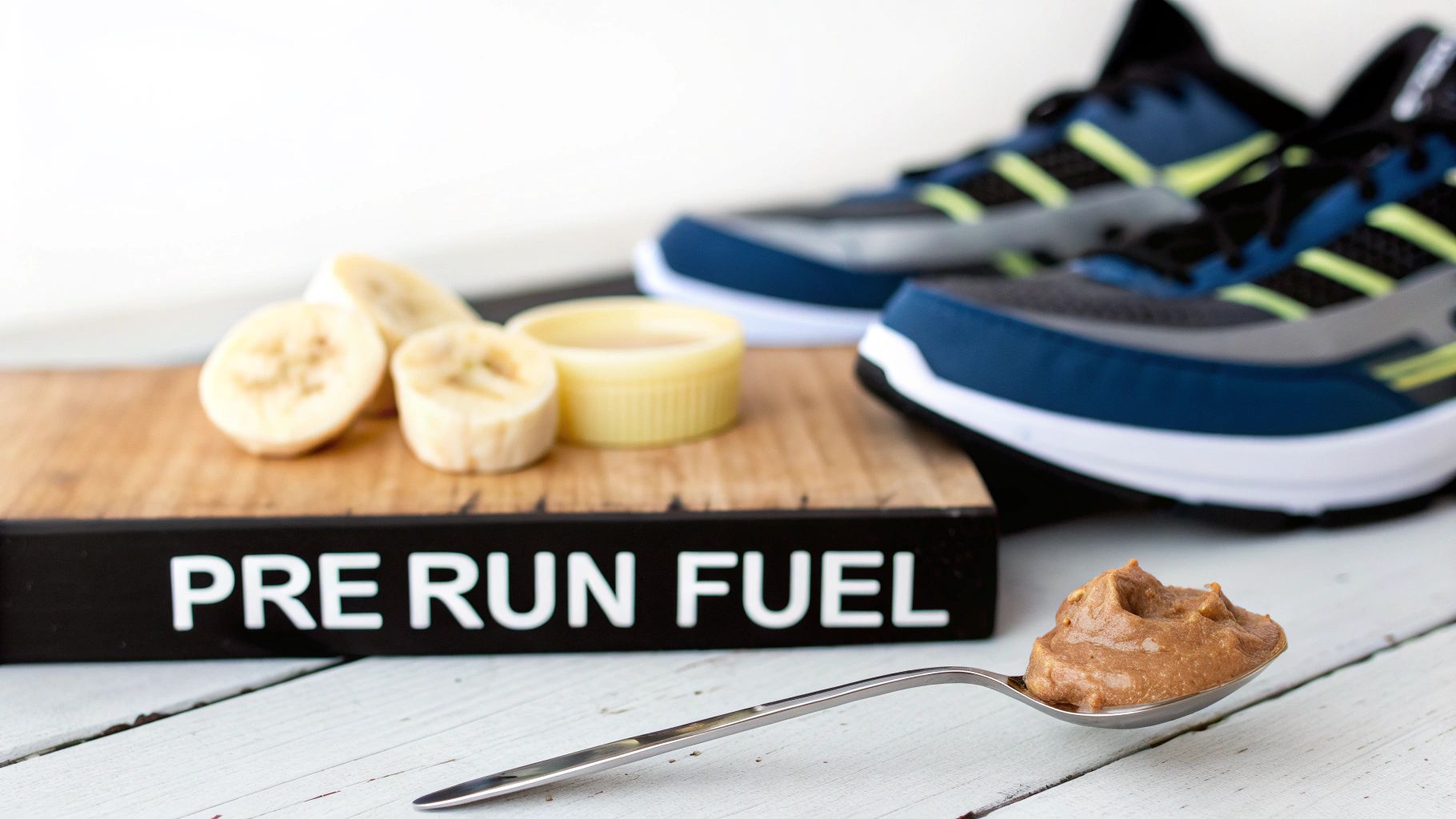 Running shoes in background with sliced bananas and peanut butter, labeled "PRE RUN FUEL".