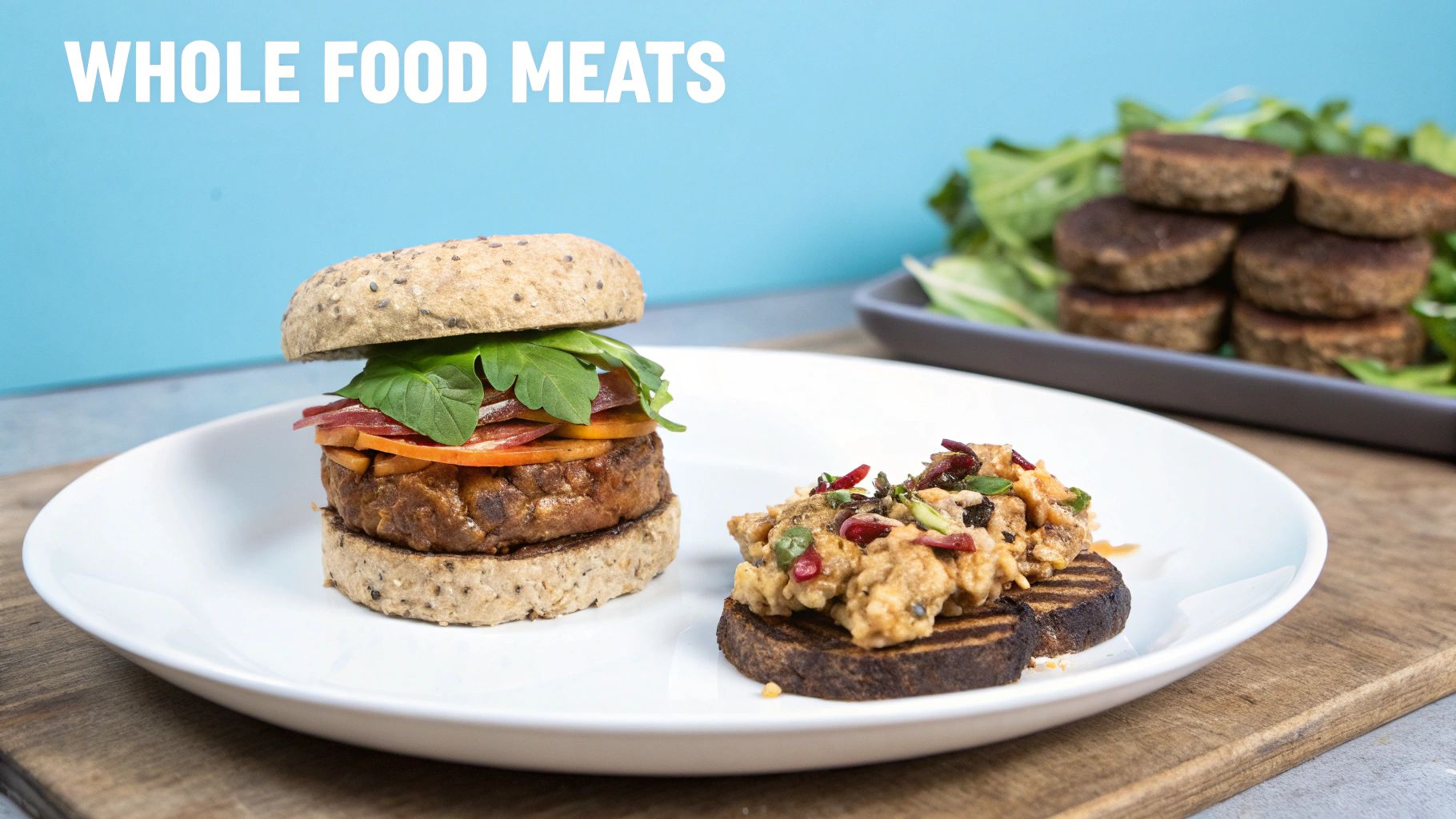 A delicious vegan burger, scrambled plant-based dish on toast, and several patties on a platter.