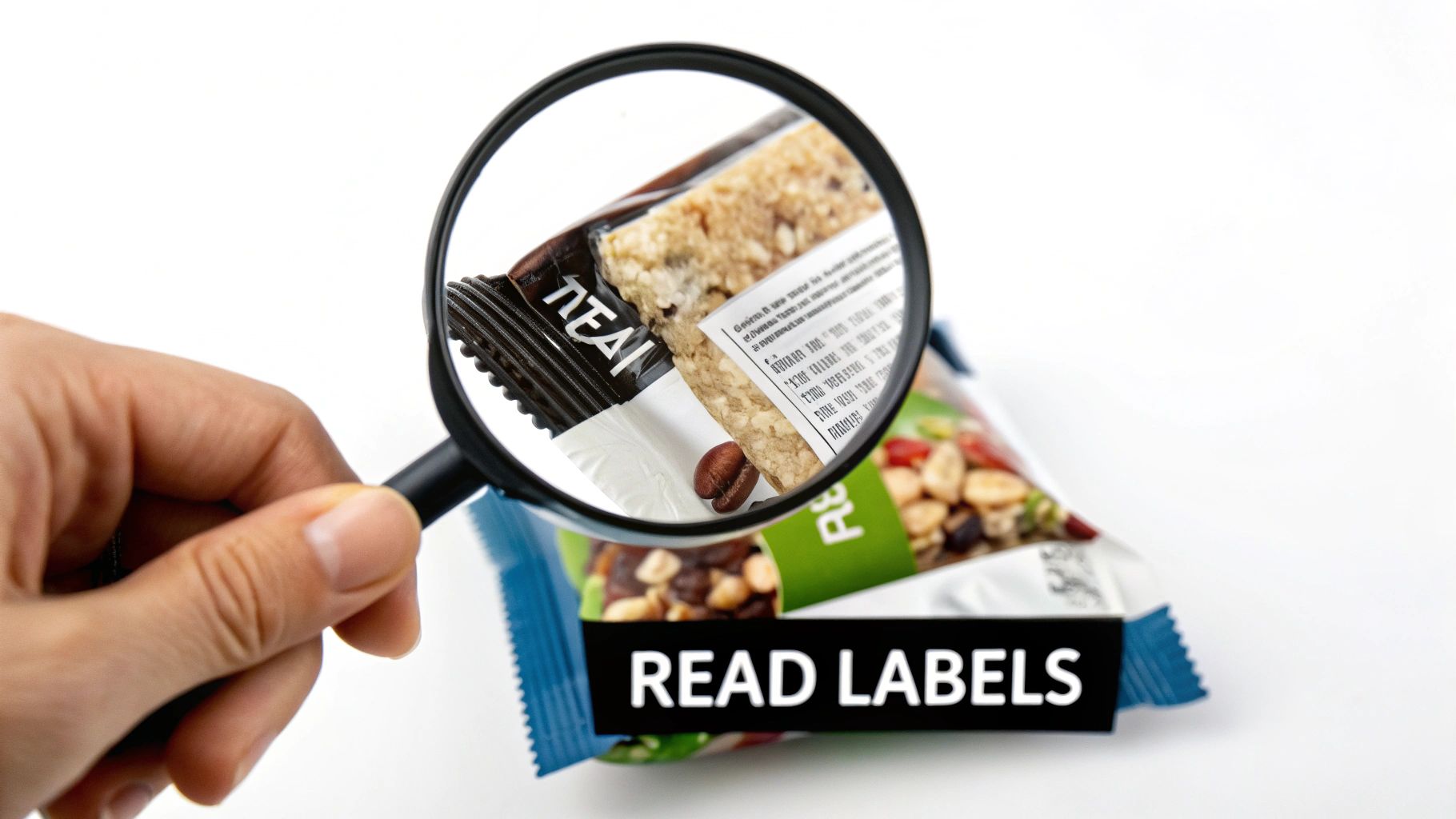 Close-up of a hand holding a magnifying glass to read a food label on a protein bar, with 'READ LABELS' text.